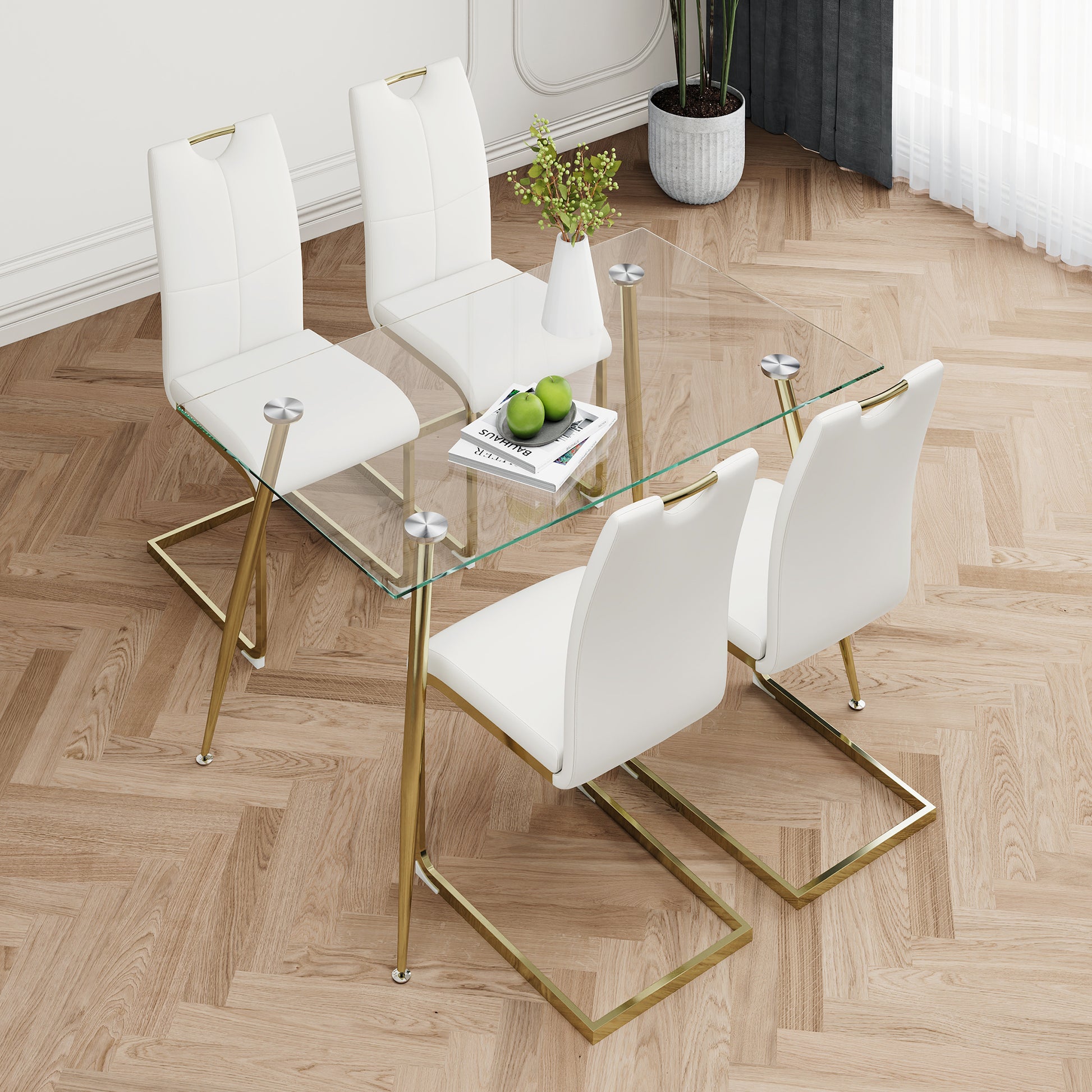 Modern Simple Rectangular Glass Dining Table, Wear Resistant Tempered Glass Countertop, Gold Plated Legs, White Pu Dining Chair Set, Suitable For Restaurant Kitchen Use Set Of 5 Upholstered Chair