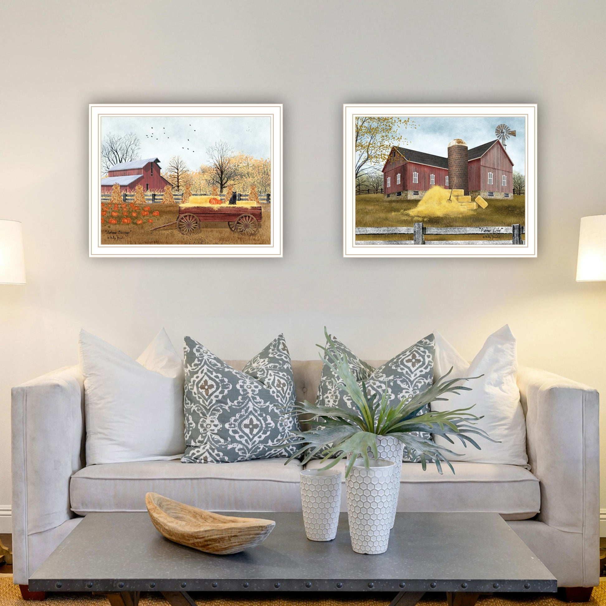 2 Piece Vignette Autumn Blessings Farm Life White Framed Wall Art For Living Room, Bedroom Wall Art Print For Home Decor By Billy Jacobs Multicolor Wood Paper
