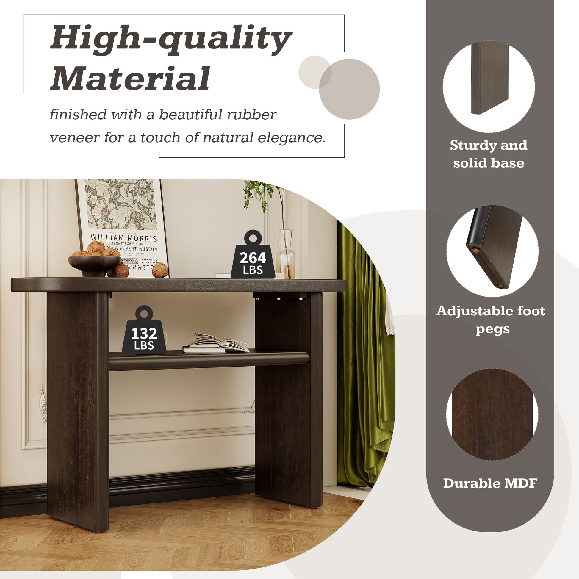 Elegant Minimalist Console Table With Rounded Edges And Sturdy Shelf Design For Entryway, Living Room Espresso Espresso Solid Wood Mdf