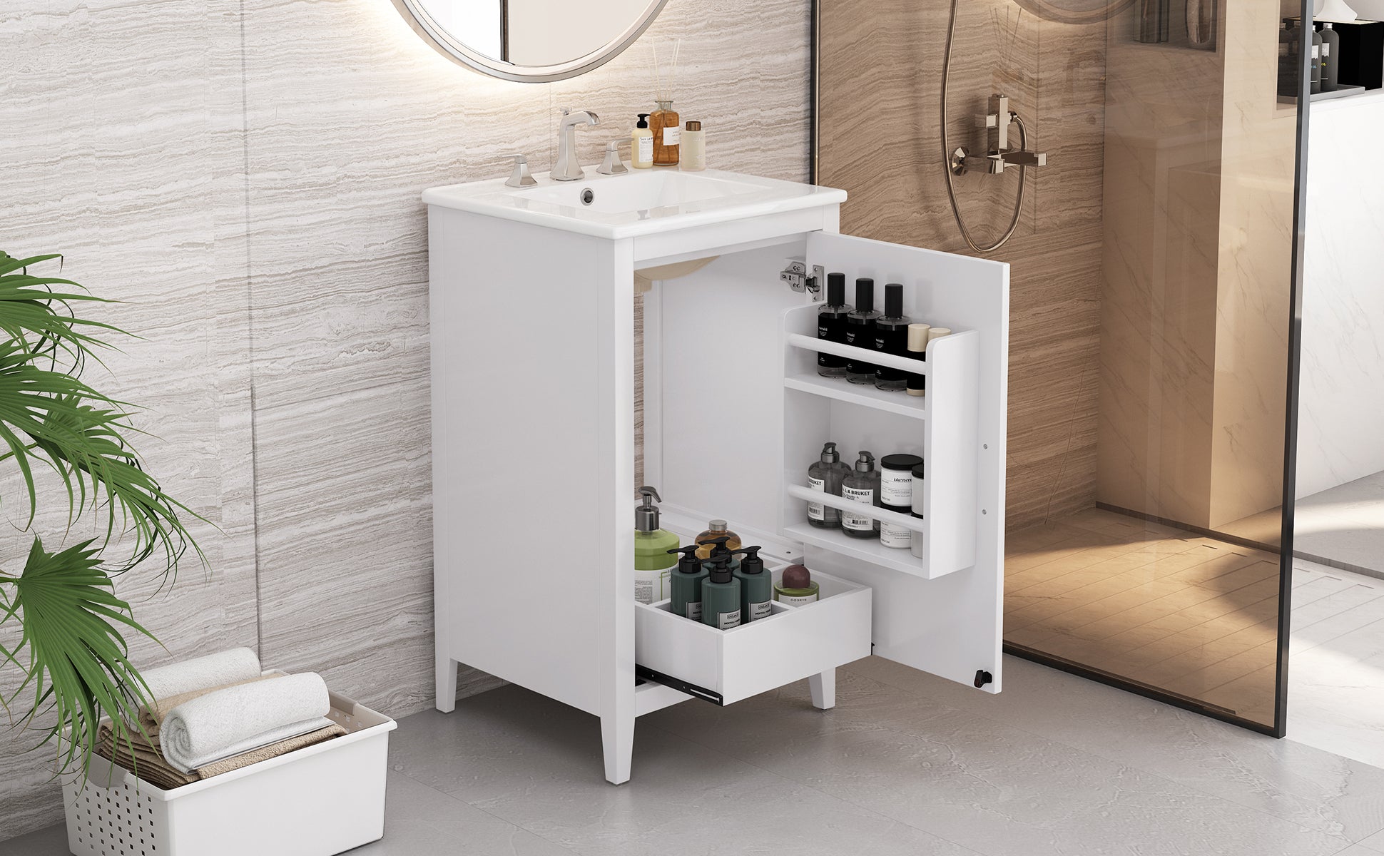 20.3" Bathroom Vanity With Sink, Functional Drawer, Door Shelf, Soft Closing Door, White White Acacia Wood,Ceramic Mdf