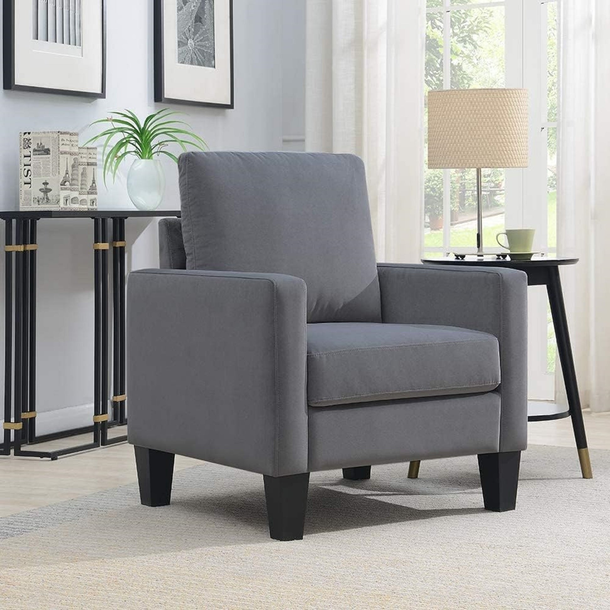 1Pc Mid Century Modern Upholstered Living Room Arm Chair Gray Microfiber Wood Fabric Gray Primary Living Space Contemporary,Mid Century Modern,Modern Foam Wood