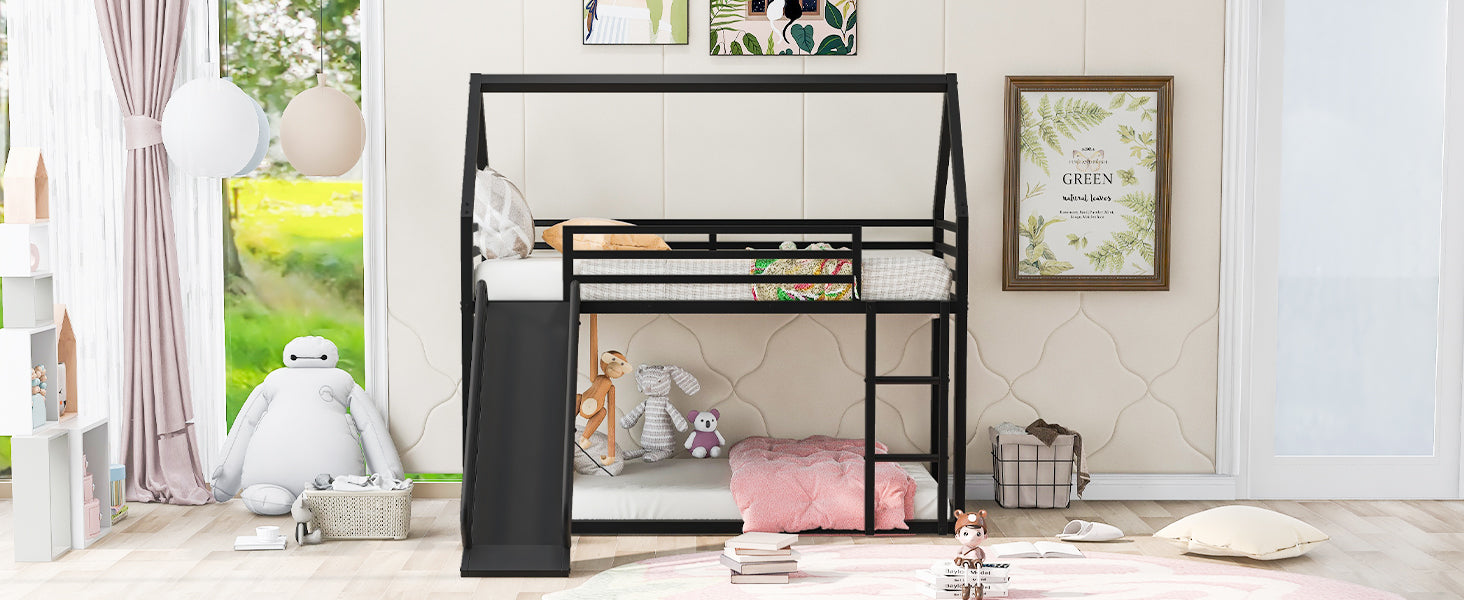 Twin Over Twin House Bunk Bed With Ladder And Slide,Black Twin Black Metal