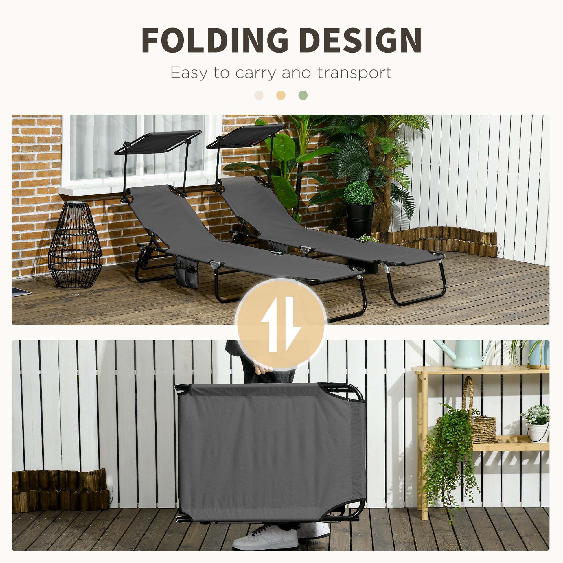 Outsunny Folding Chaise Lounge Pool Chairs, Outdoor Sun Tanning Chairs With Canopy Shade, Reclining Back, Steel Frame And Side Pocket For Beach, Yard, Patio, Dark Gray Dark Grey Steel