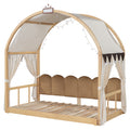 Twin Size Extended Bed With Arched Roof And Trundle, Natural Twin Natural Plywood