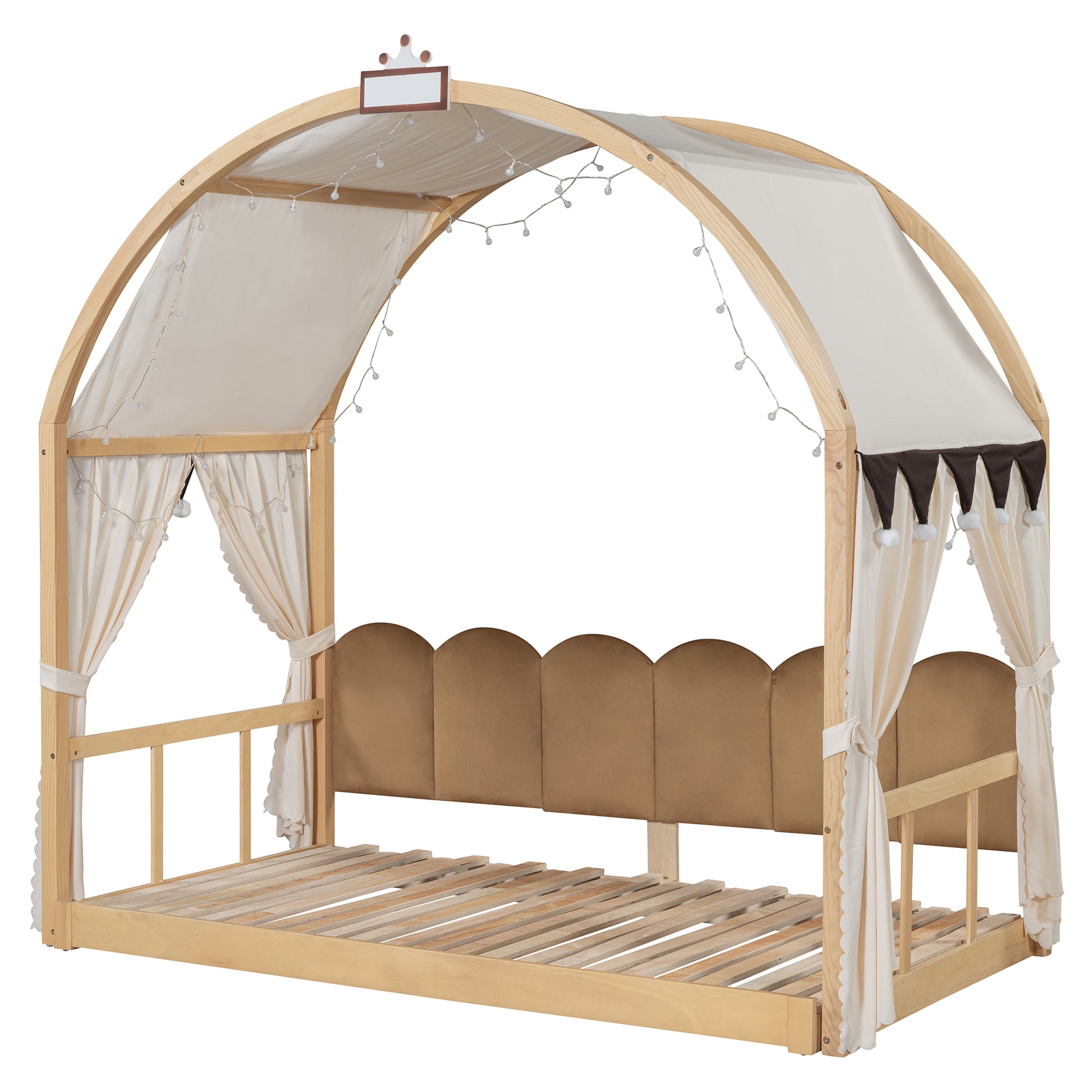 Twin Size Extended Bed With Arched Roof And Trundle, Natural Twin Natural Plywood