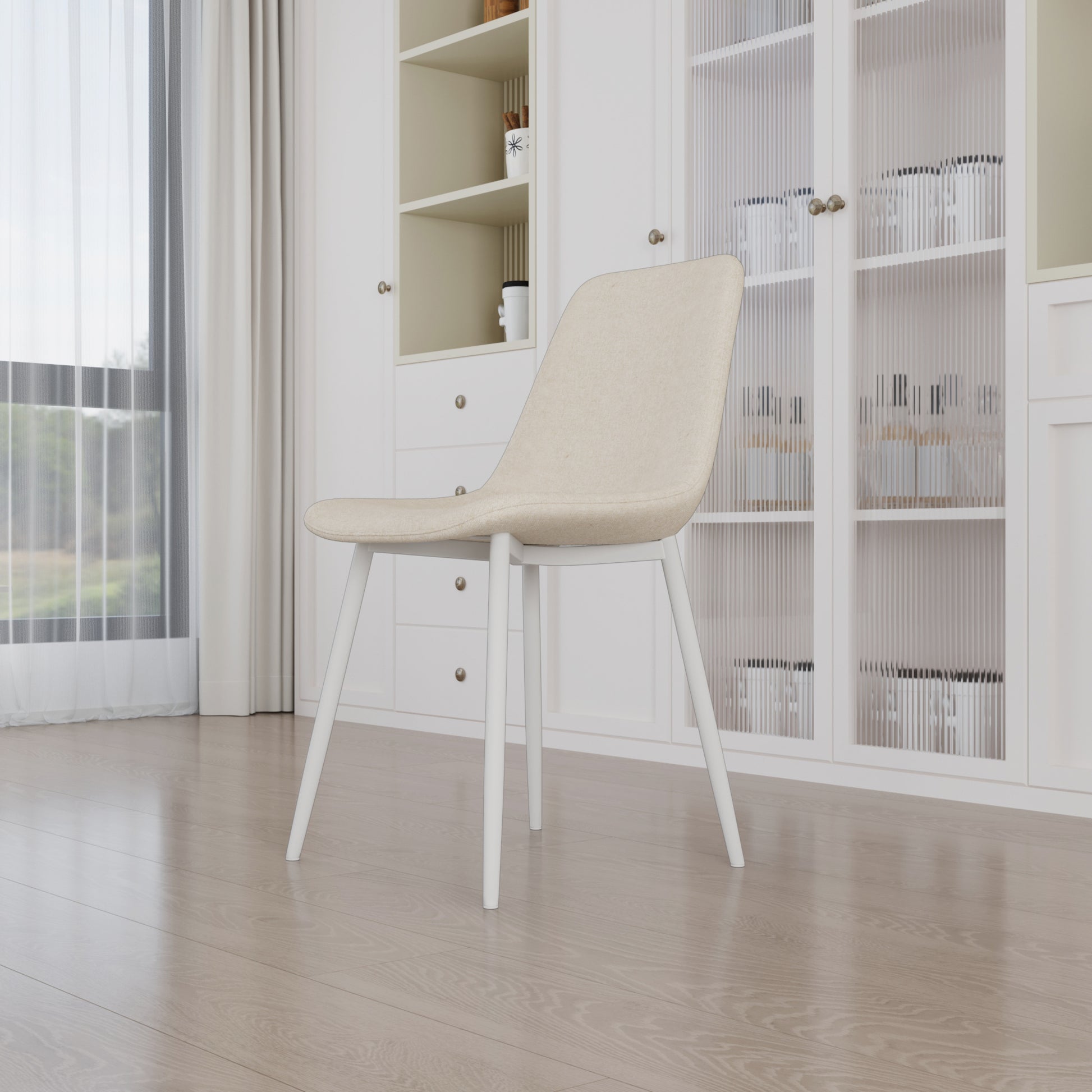 63 "Mdf Cream Style Coffee Table And Modern Dining Chair 4 Piece Set, Modern Fashion Kitchen Table Set, Round Wave Table Legs, Dining Table And Linen Chair Beige White Mdf