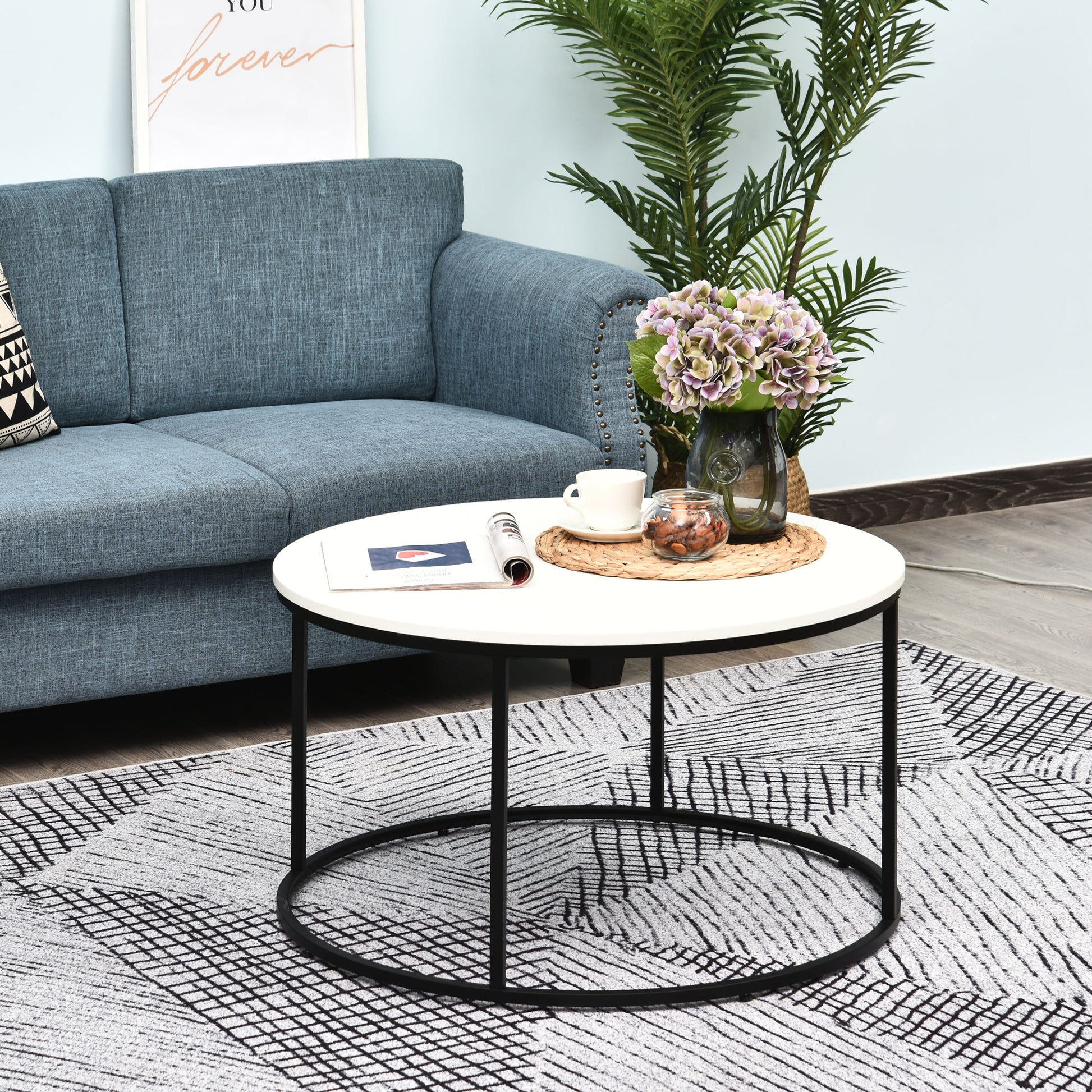 Homcom Round Coffee Table, 32 In Modern Center Table With Black Metal Frame, Coffee Tables For Living Room, White White Metal