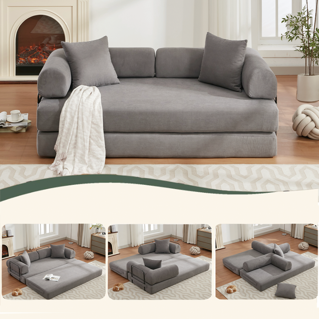 Arrived 78.5" Folding Convertible Out Sleeper Sofa Bed,4 In 1 Diy Combination Convertible Sofa,3 Seat, Folding Sofa, King Sizebedroom,Apartment,Corduroy,Green,Gray Gray Polyester Primary Living