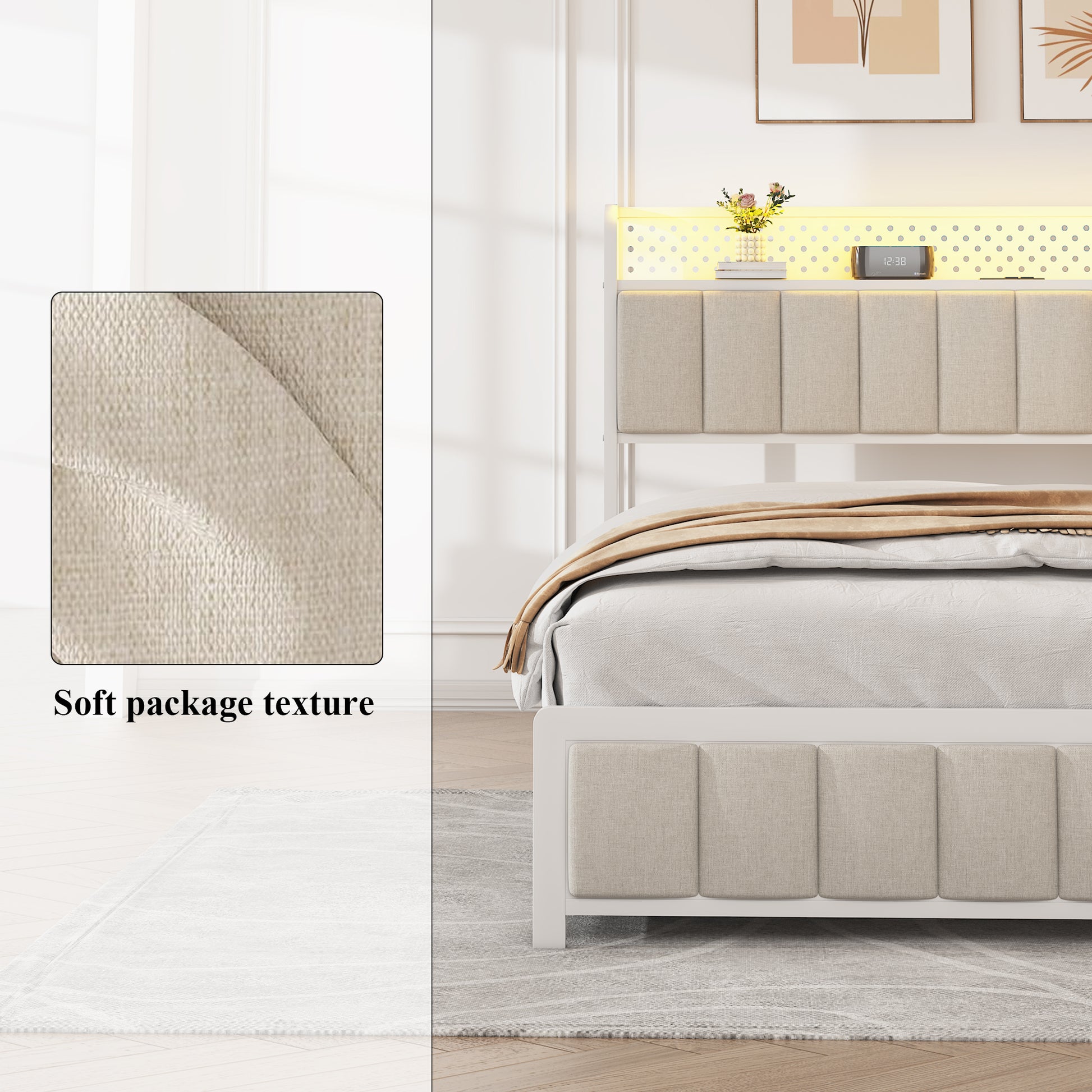 Full Size Platform Bed With 4 Drawers, Metal Bed Frame With Led Lights And Charging Station, No Box Spring Needed, Beige , Noise Free,Easy Assemble. Box Spring Not Required Full Beige Metal Bedroom Bed Frame Linen Mdf Metal