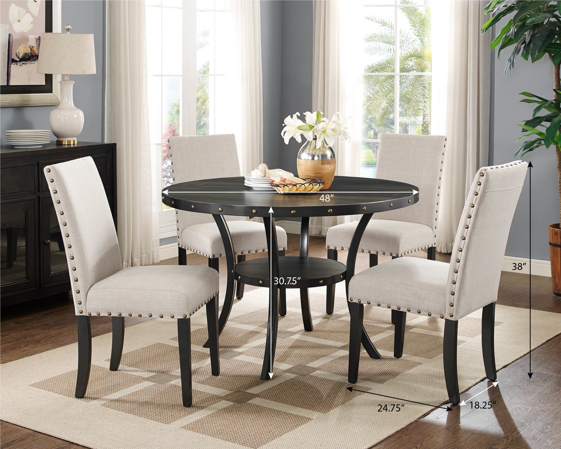 Biony Espresso Wood Dining Set With Tan Fabric Chairs Wood Wood Black Wood Dining Room 48 Inches Fixed Table Rubberwood Round 4 Leg Round Dining Table With Chair Solid Wood