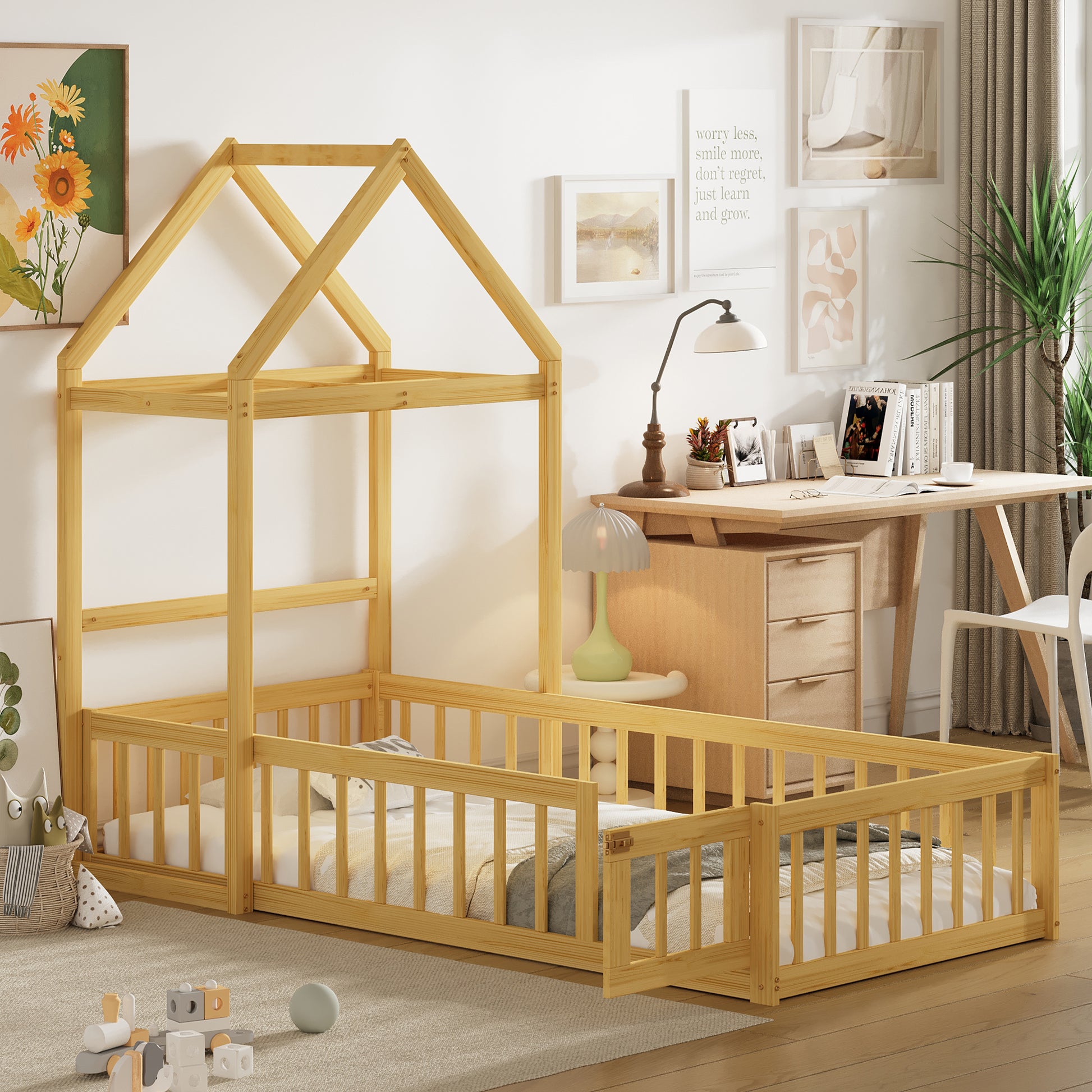 Wooden Floor Bed With Fence Railings And Detachable House Shape Headboard, Twin Size Bed With Kids Dress Up Rack, Kids Montessori Style Playhouse Frame For Girls Boys, Natural Twin Natural Wood