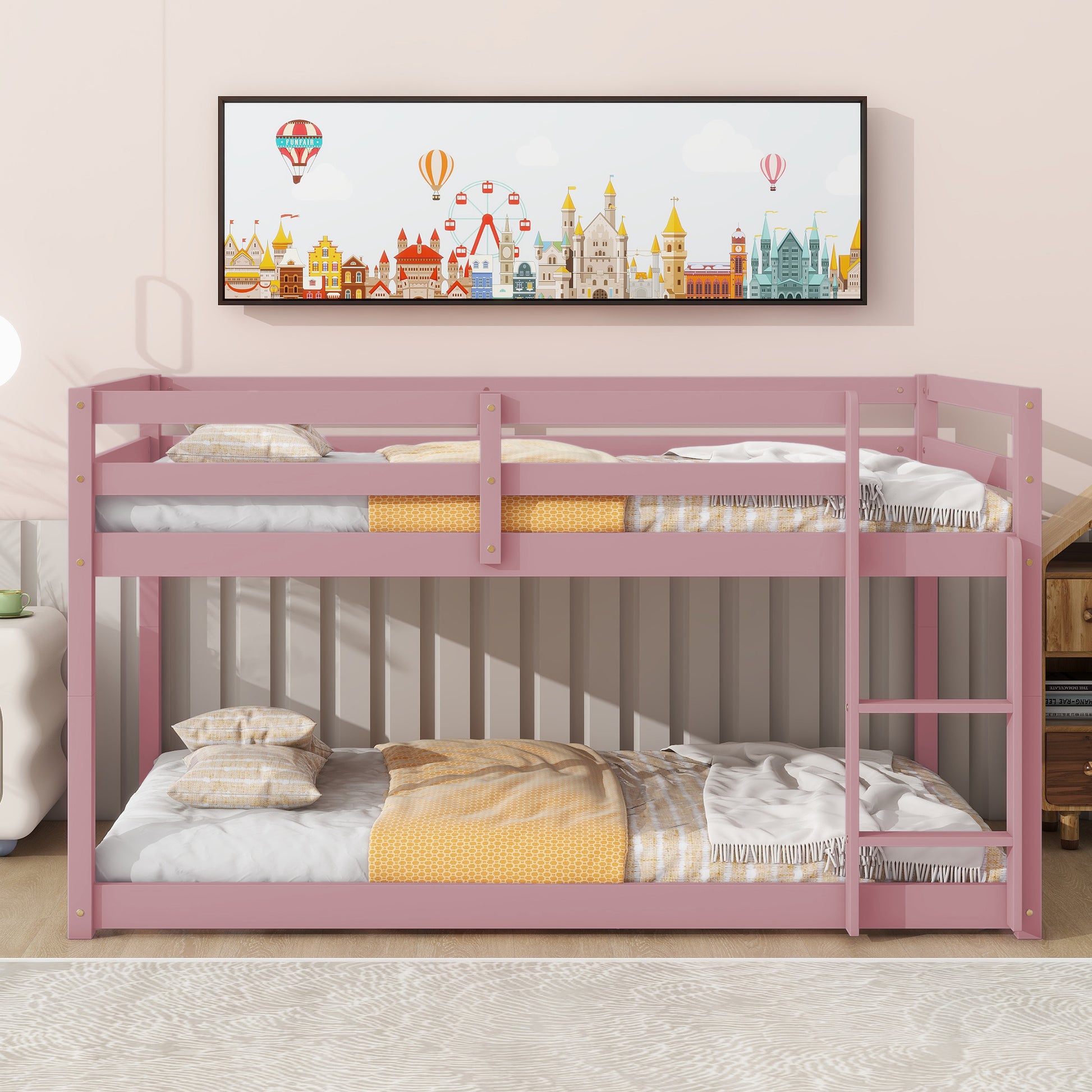 Twin Over Twin Floor Bunk Bed,Pink Twin Pink Pine