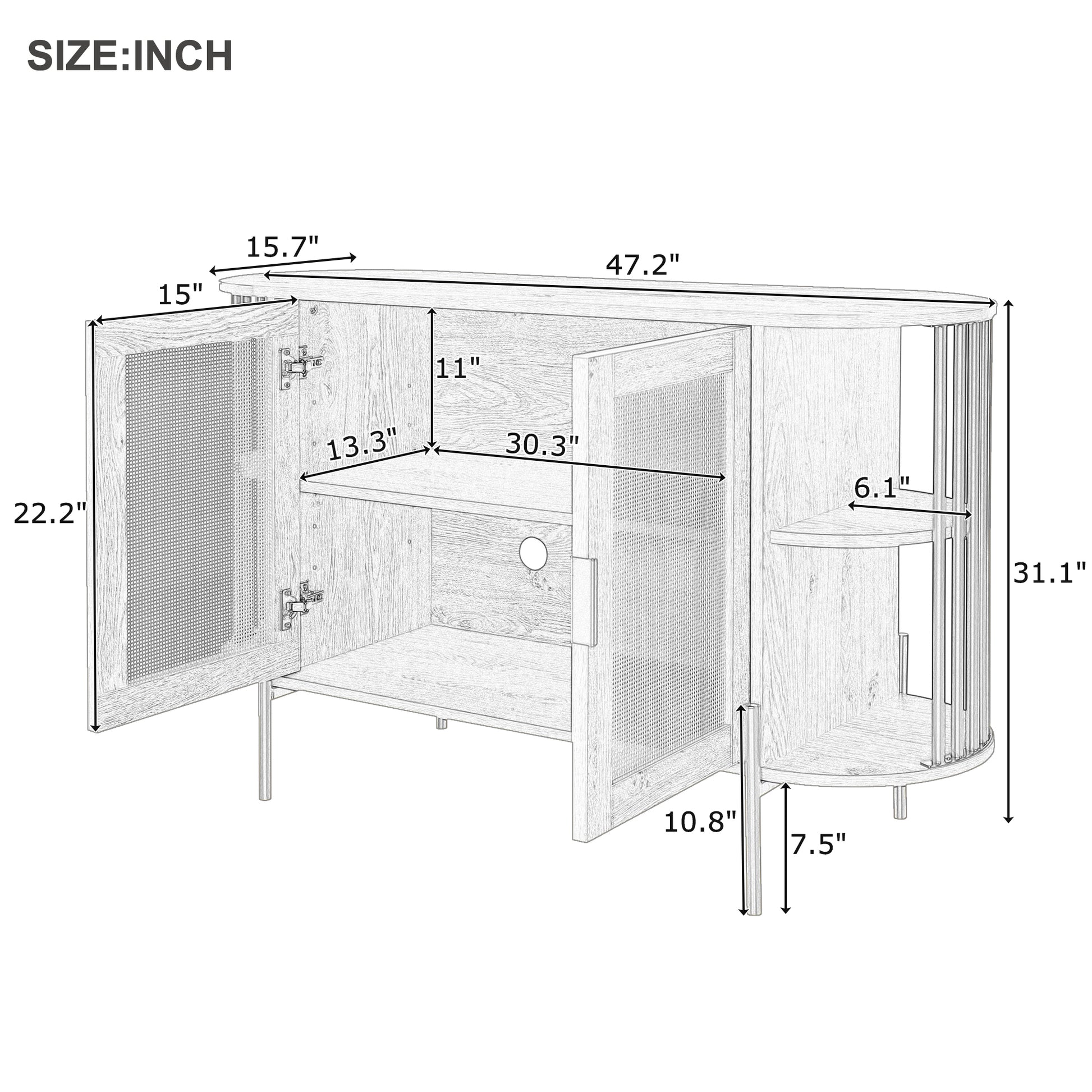 2 Door Elegant Curved Dining Cabinet With Gold Trim And Woven Rattan Doors For Dining Room White White Particle Board