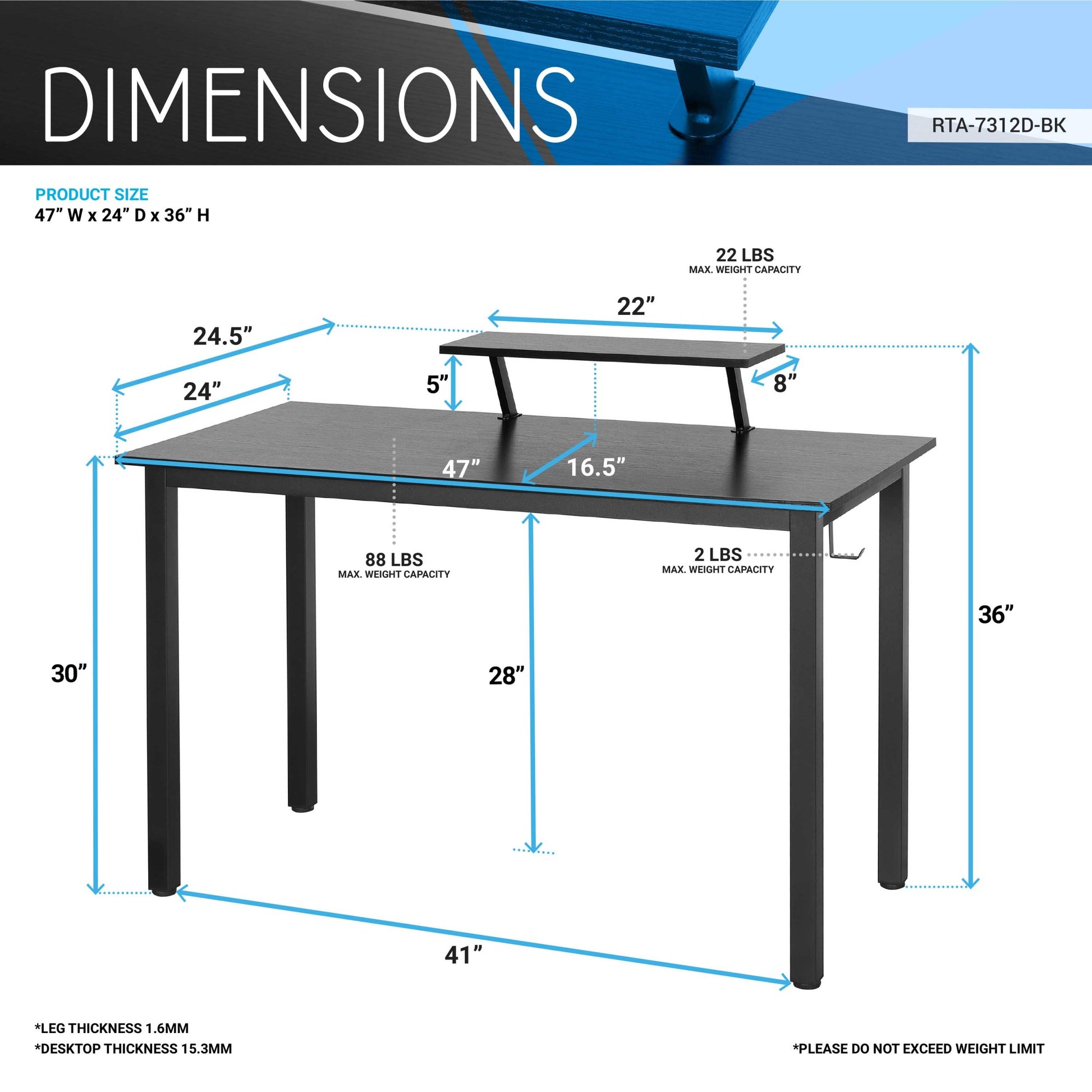 Techni Mobili Industrial Writing Desk, Black Black Computer Desk Modern Rectangular Rectangular Engineered Wood