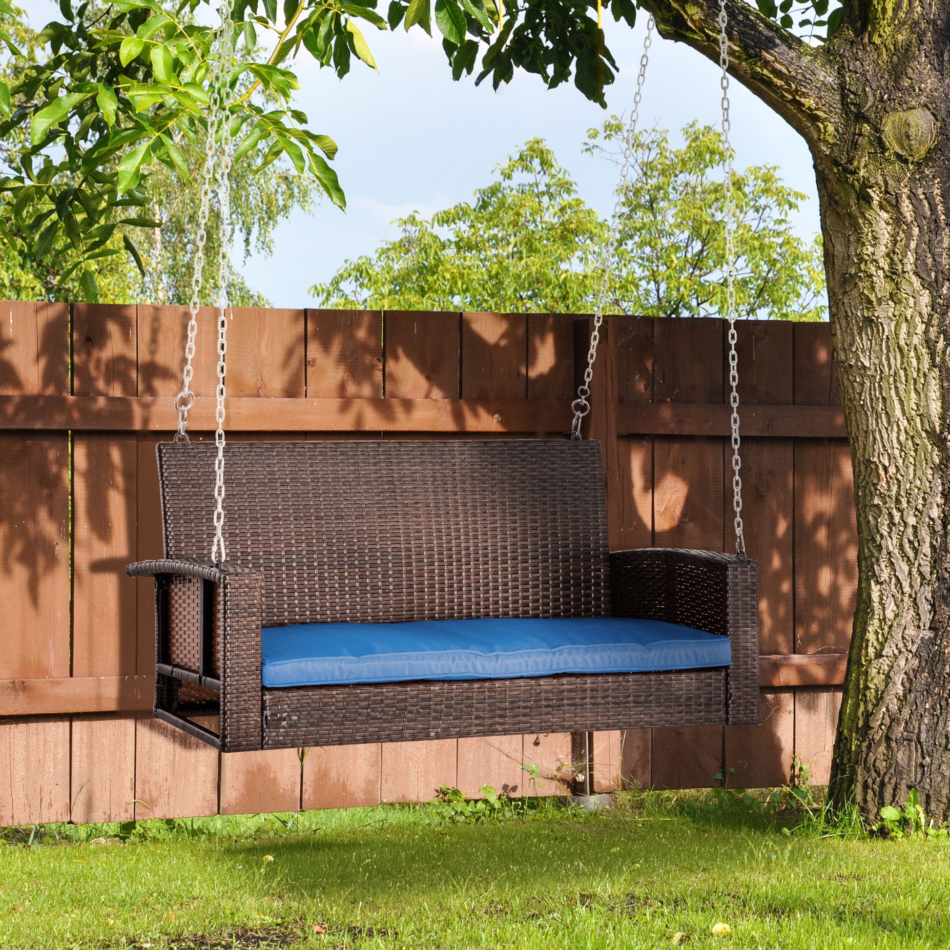 Outsunny 2 Person Wicker Hanging Swing Bench, Front Porch Swing Outdoor Chair With Cushions 550 Lbs. Weight Capacity For Backyard, Garden, Blue Blue Rattan Metal