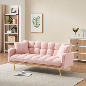 69 Inch Sofa Bed With Adjustable Sofa Teddy Fleece 2 Throw Pillows Pink Foam Fabric 2 Seat