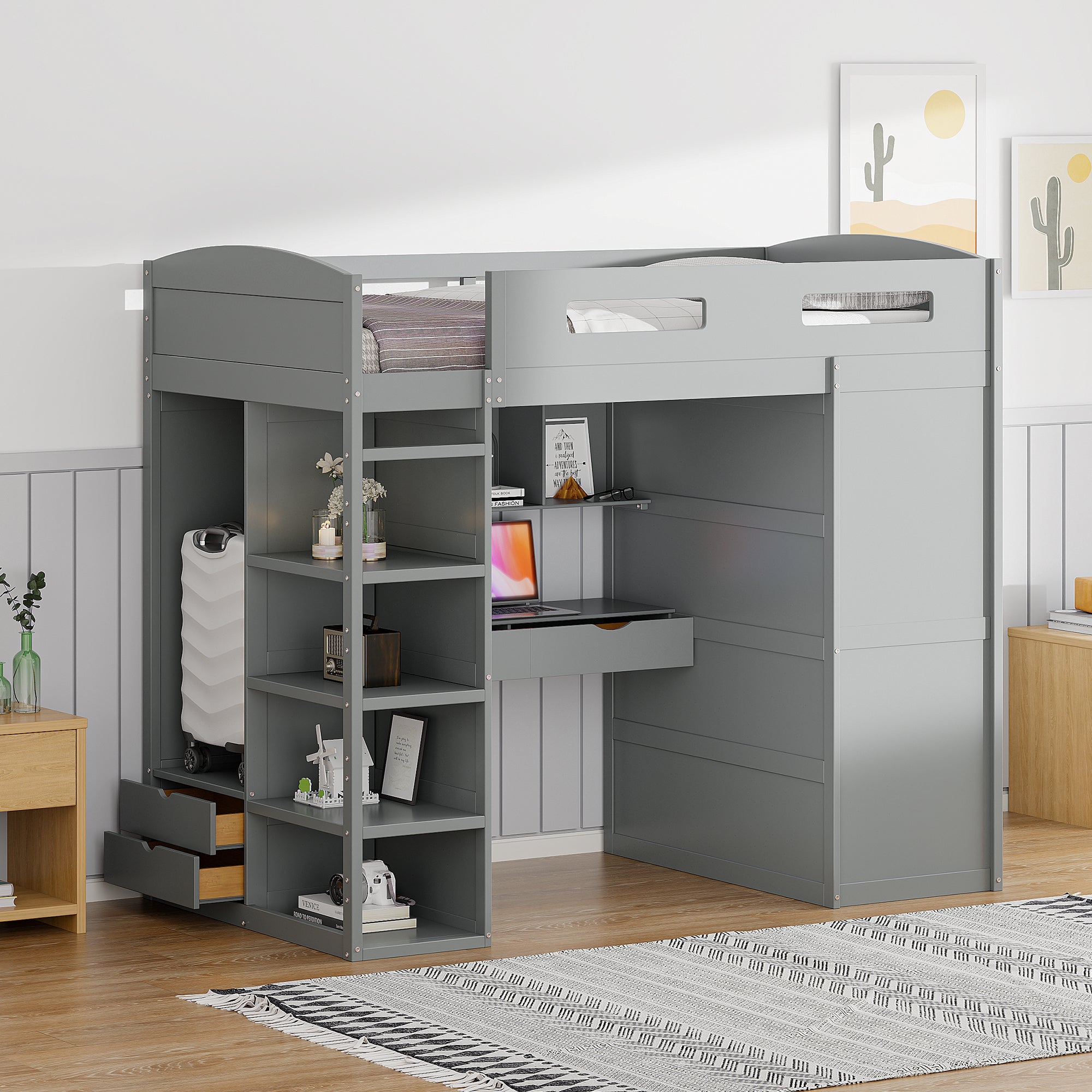 Twin Size Loft Bed With Desk, Wardrobes, 4 Drawers And 4 Shelves Gray Twin Gray Solid Wood