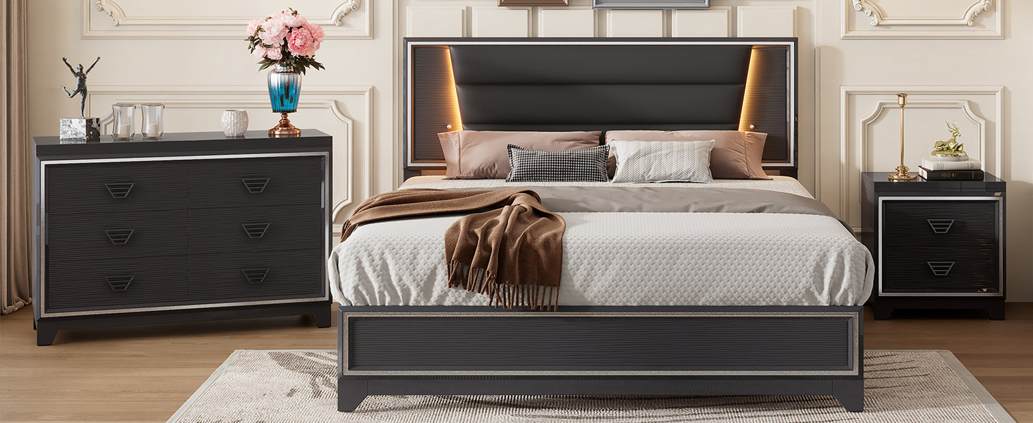 3 Pieces Bedroom Sets Queen Size Upholstered Bed With Led Lights, Nightstands And Dresser With Metal Handles And Sparkling Shiny Decoration, Black Expected Arrival Time:8.5 Queen Black 3 Piece Set Mdf Metal