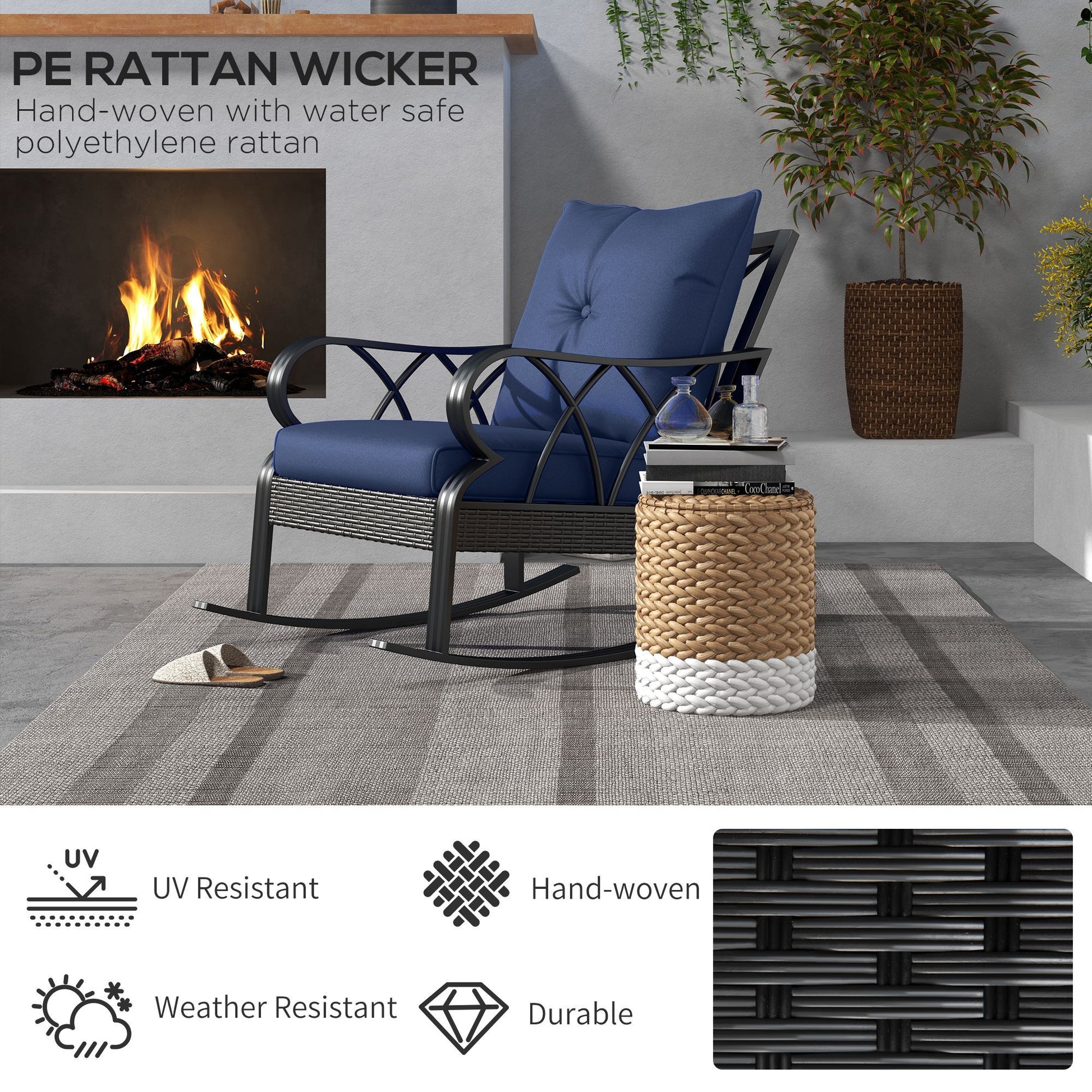 Outsunny Outdoor Wicker Rocking Chair With Padded Cushions, Aluminum Furniture Rattan Porch Rocker Chair W Armrest For Garden, Patio, And Backyard, Navy Blue Blue Aluminum