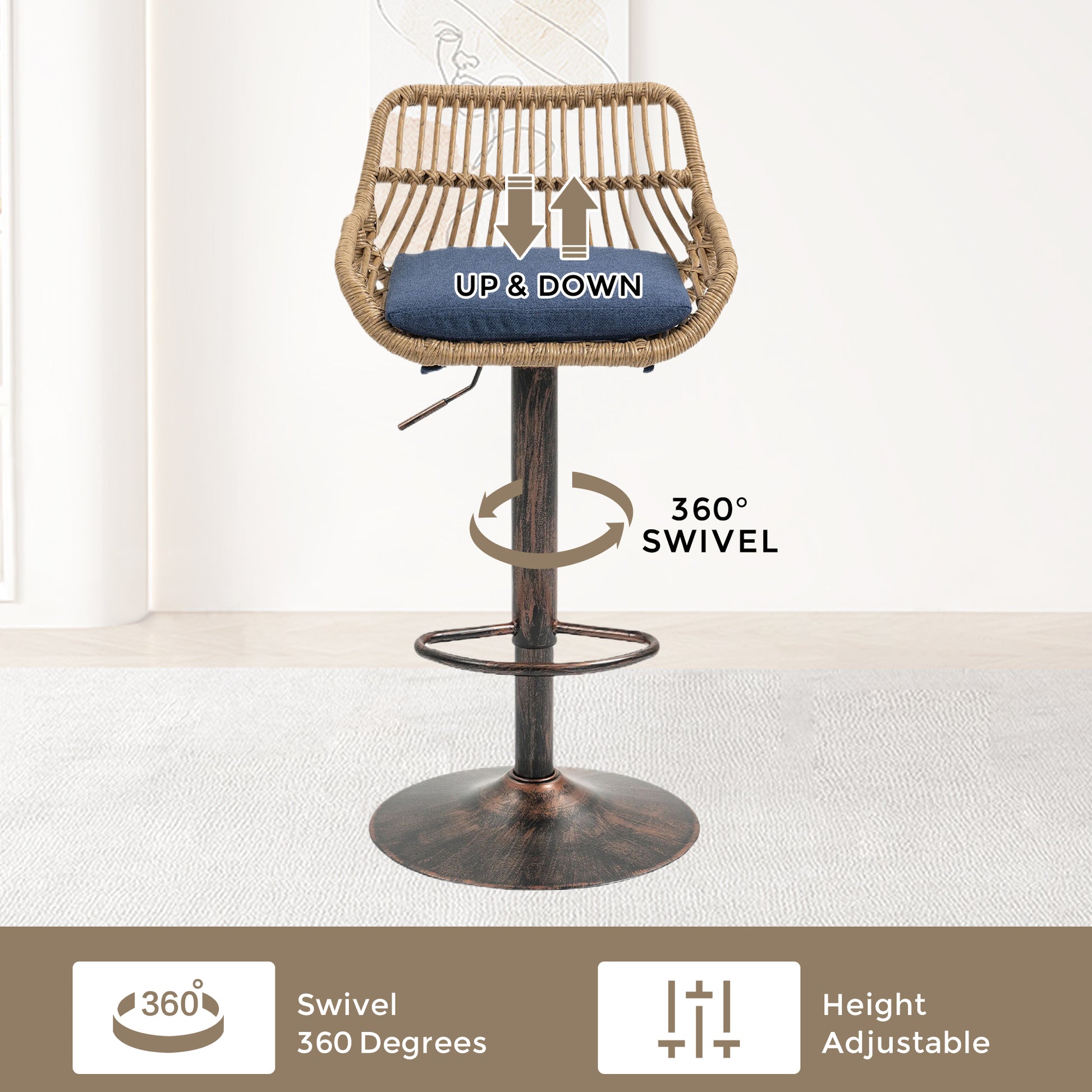 Coolmore Modern Swivel Bar Stools Set Of 2 Adjustable Counter Height Chairs With Footrest For Kitchen, Dining Room Blue Blue Primary Living Space Foam Linen