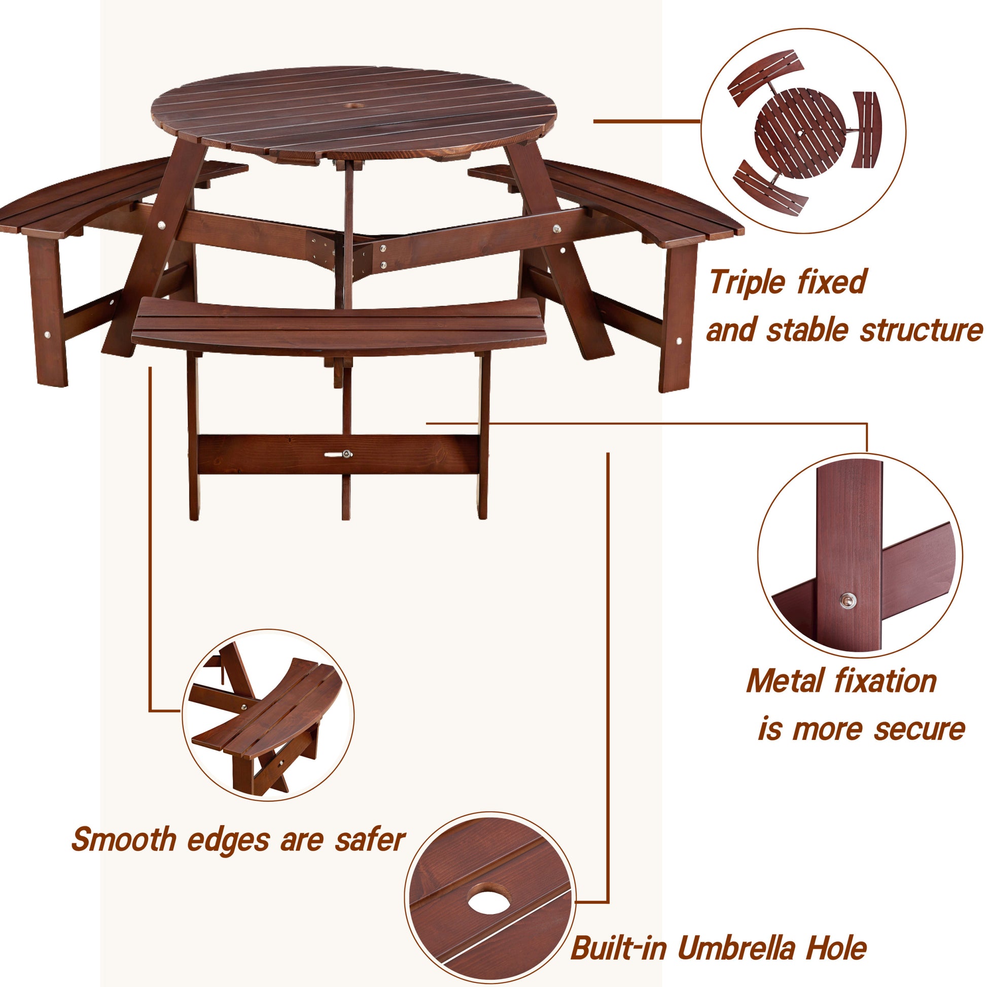 Outdoor 6 Person Picnic Table, 6 Person Round Picnic Table With 3 Built In Benches, Umbrella Hole, Outside Table And Bench Set For Garden, Backyard, Porch, Patio, Brown Brown Wood Metal