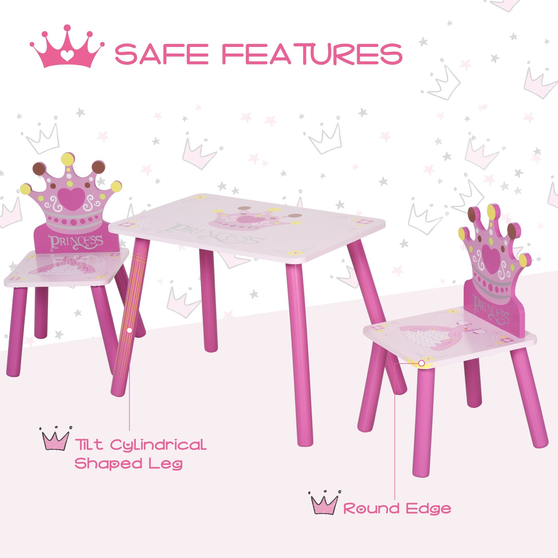 Qaba 3 Piece Kids Wooden Table And Chair Set With Crown Pattern Gift For Girls Toddlers Arts Reading Writing Age 2 4 Years Pink Pink Wood