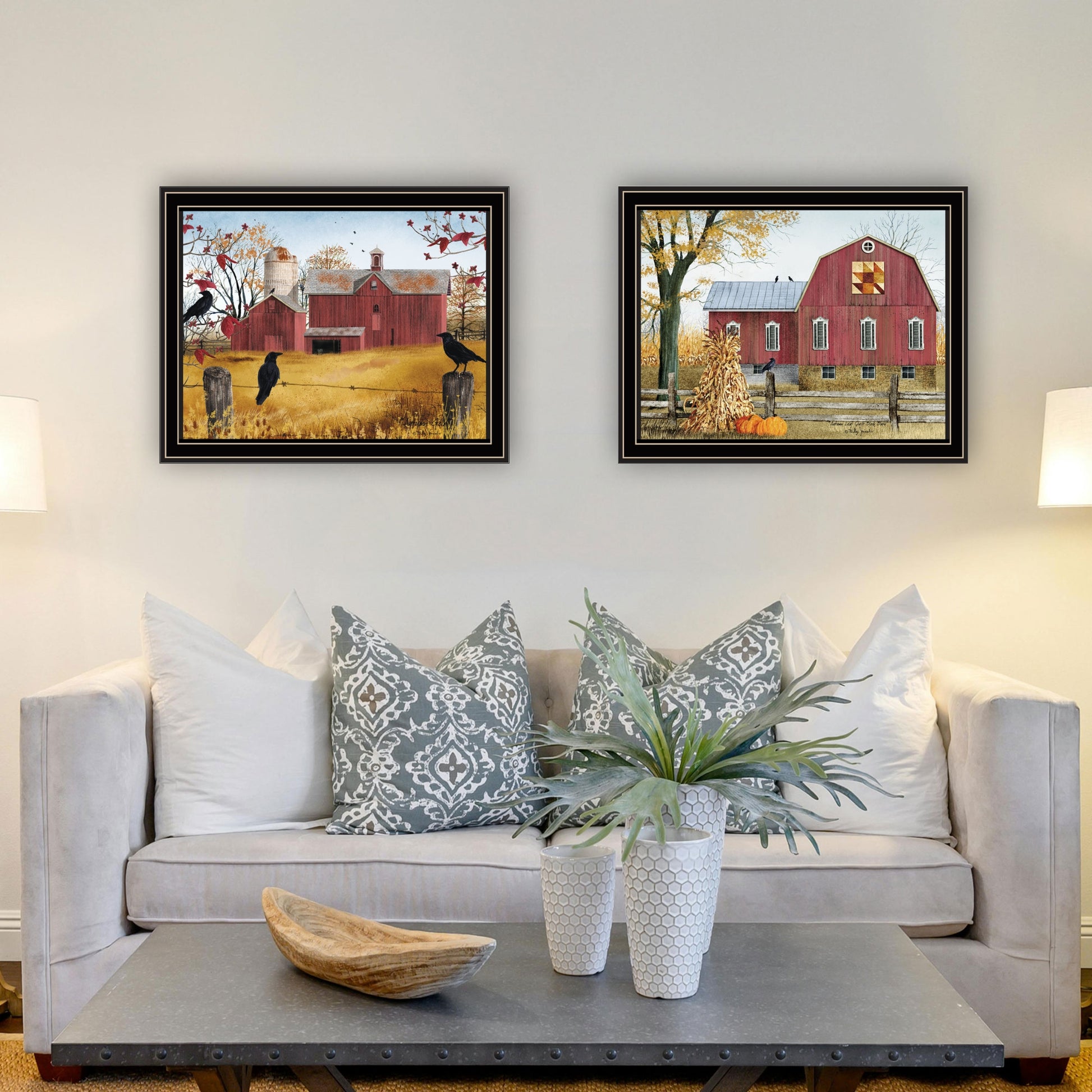 2 Piece Vignette Autumn Red Barns Black Framed Wall Art For Living Room, Farmhouse Wall Art Print For Home Decor, Bedroom Wall Art By Billy Jacobs Multicolor Wood Paper