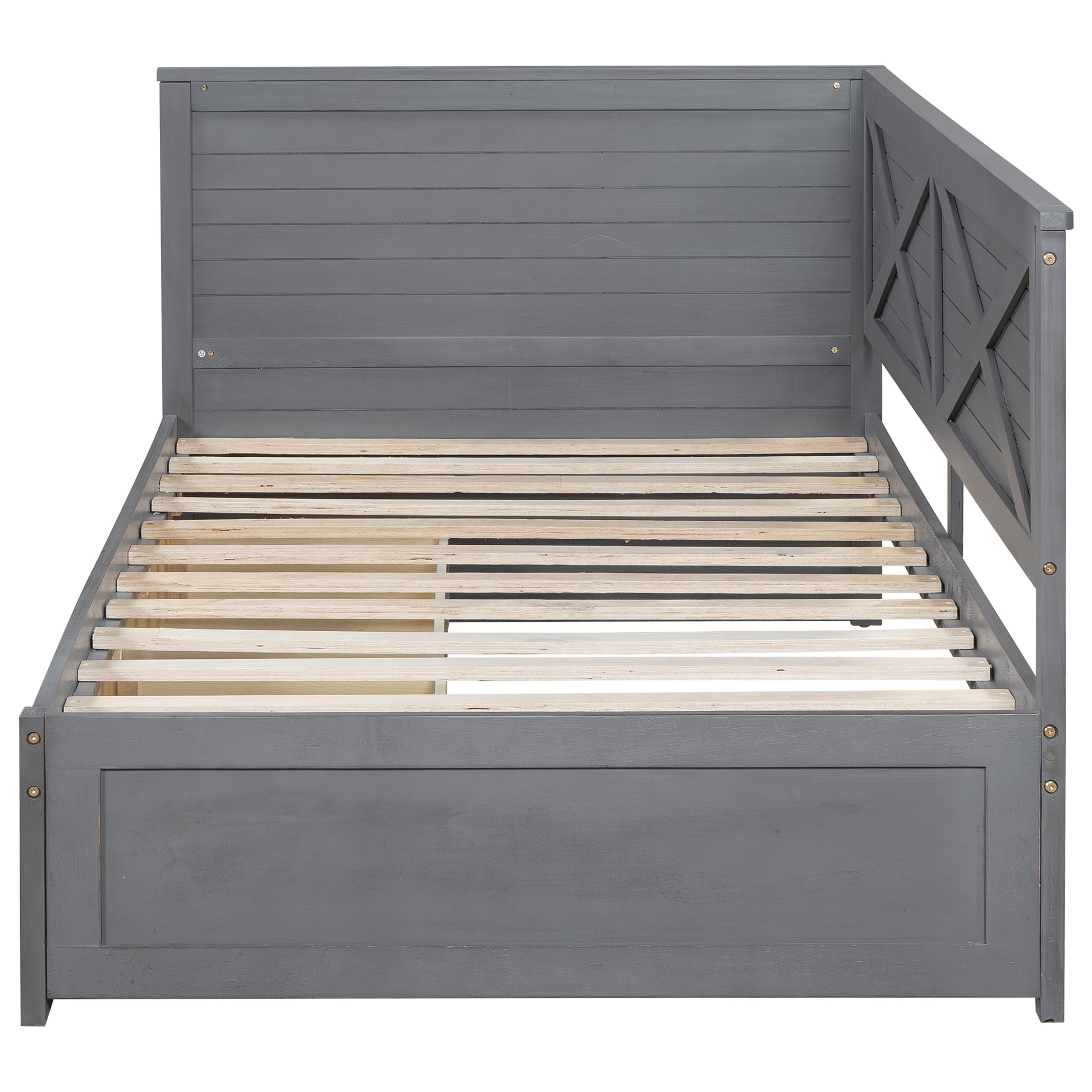 Twin Size Wood Daybed With 2 Drawers And Rustic Guardrail, Ancient Grey Expected Arrival Time: 8.28 Box Spring Not Required Twin Grey Wood Daybeds Solid Wood Mdf