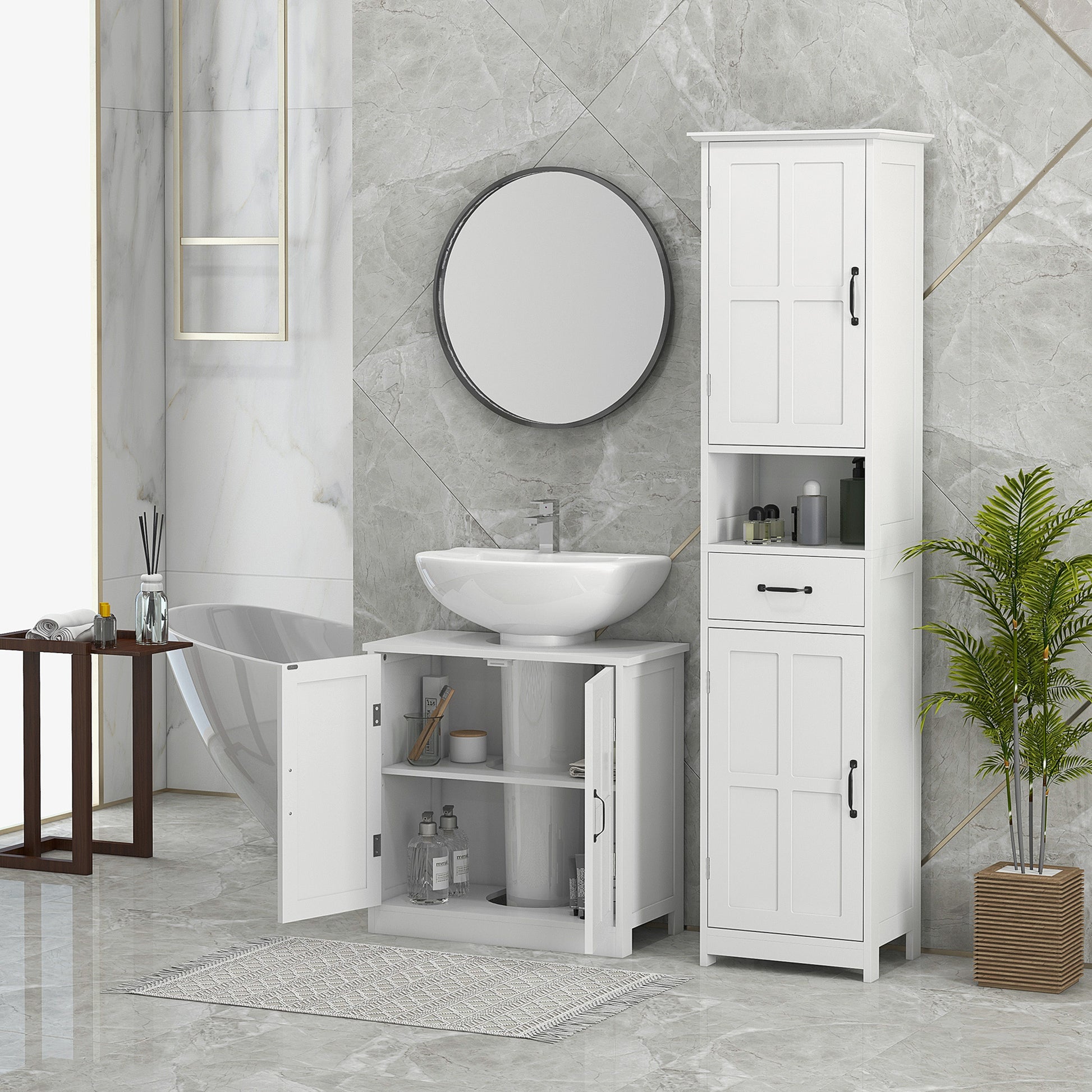 Bathroom Sink Cabinet, Pedestal Sink Cabinet With Adjustable Shelf, White White Particle Board