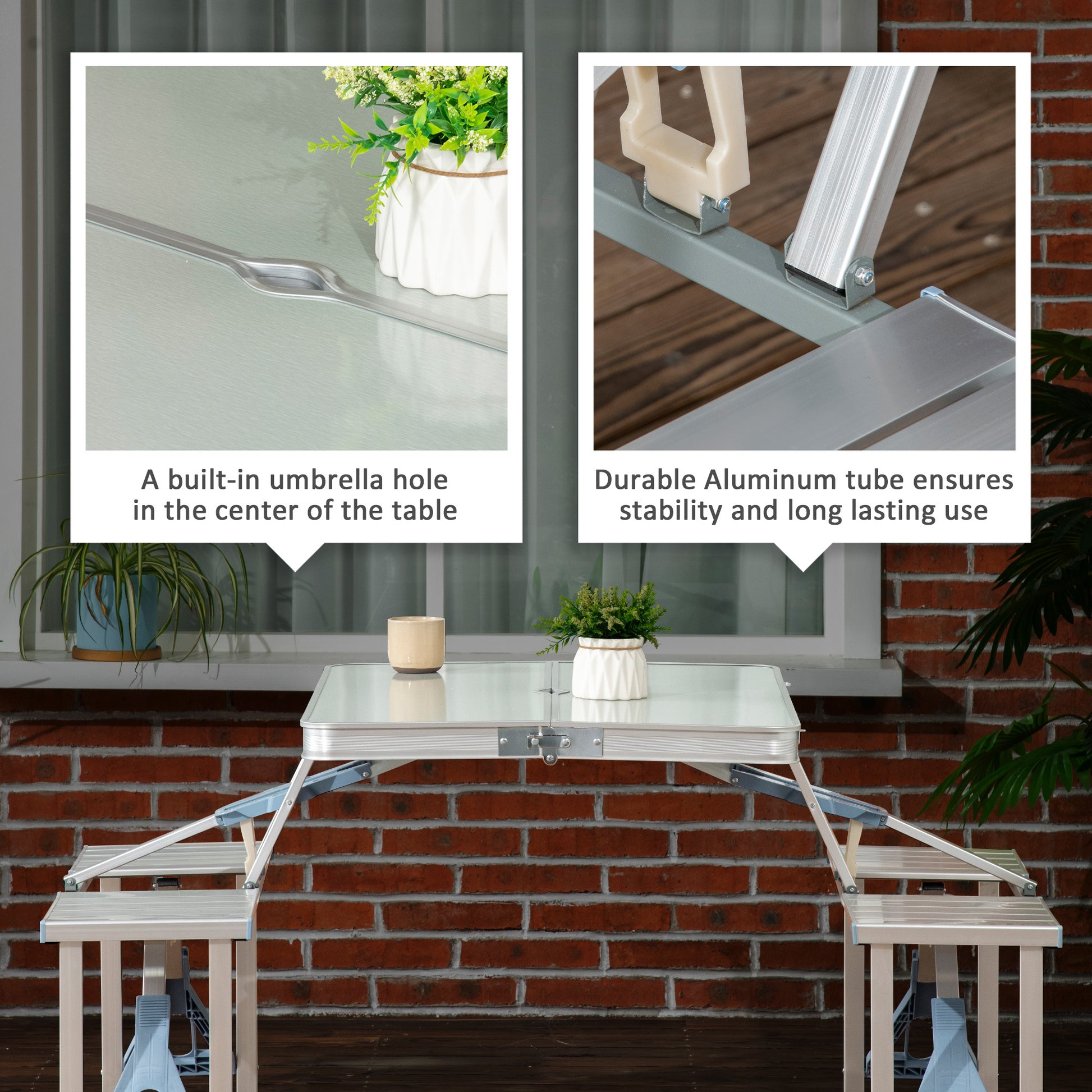 Outsunny Folding Picnic Table With Umbrella Hole, Aluminum Suitcase Portable Outdoor Table With Bench, Patio, Porch Or Camping Table And Chair Set, Silver Silver Mdf