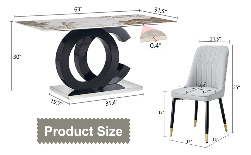 Table And Chair Set.63"X31.5" Marble Pattern Sintered Stone Table With Mdf Oc Shaped Bracket.Paired With 6 Light Gray Chairs With Pu Cushions And Black Metal Legs.Suitable For Kitchen,Dining