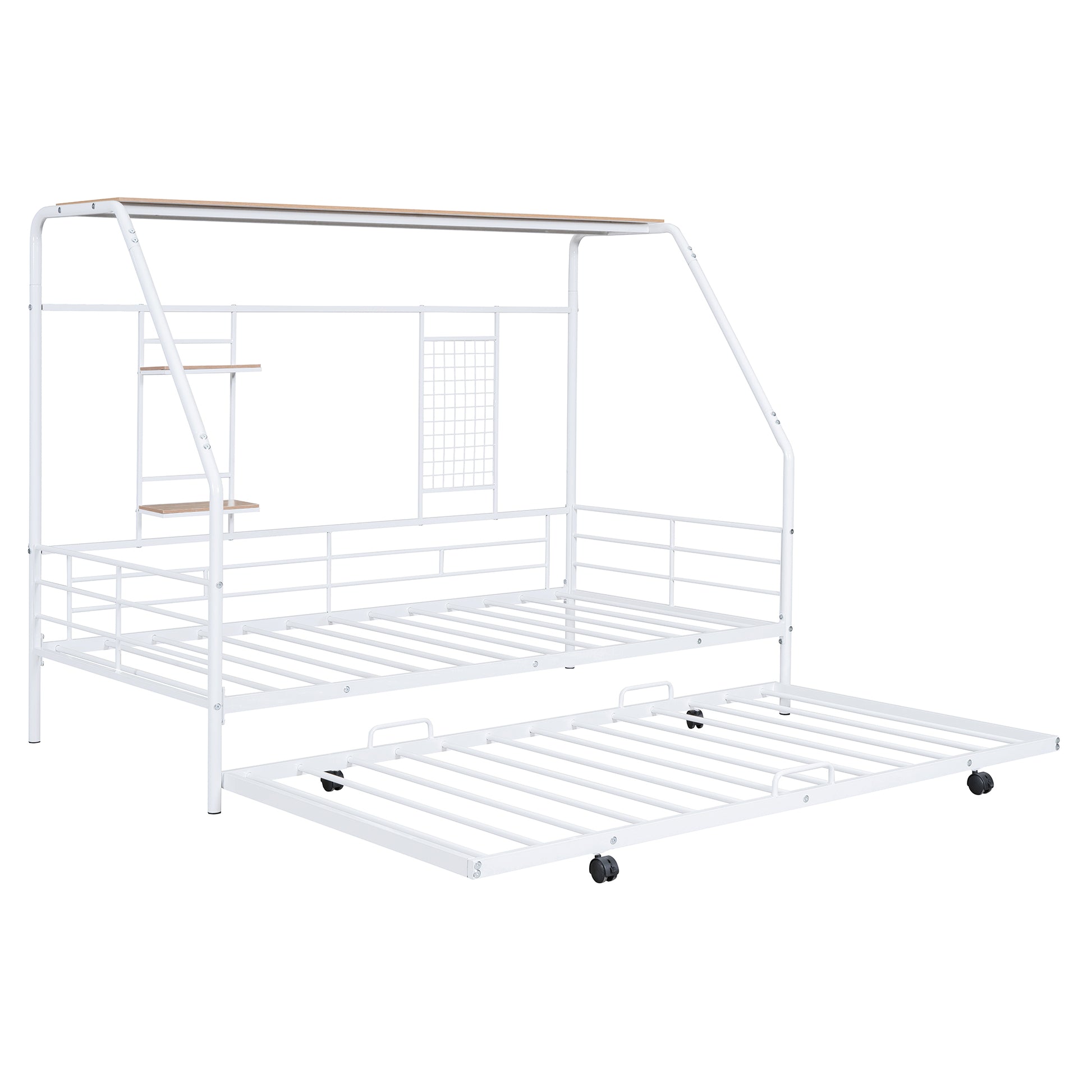 Twin Size Metal House Bed With Trundle, White Twin White Metal