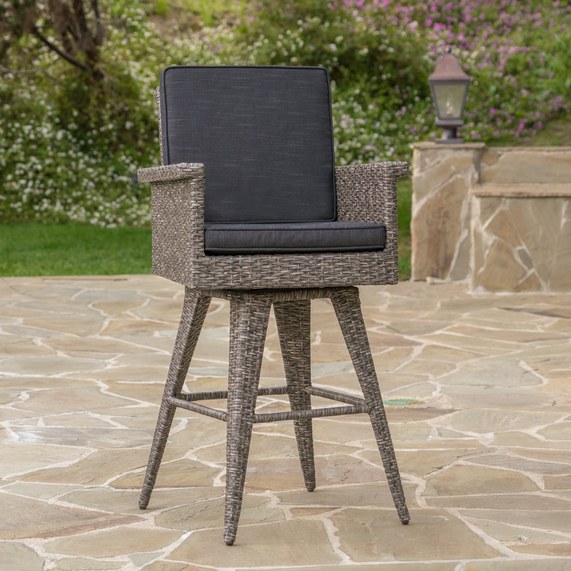 30" Outdoor Wicker Barstool With Water Resistant Cushions 1Pc Black Gray Pe Rattan Iron Waterproof Fabric