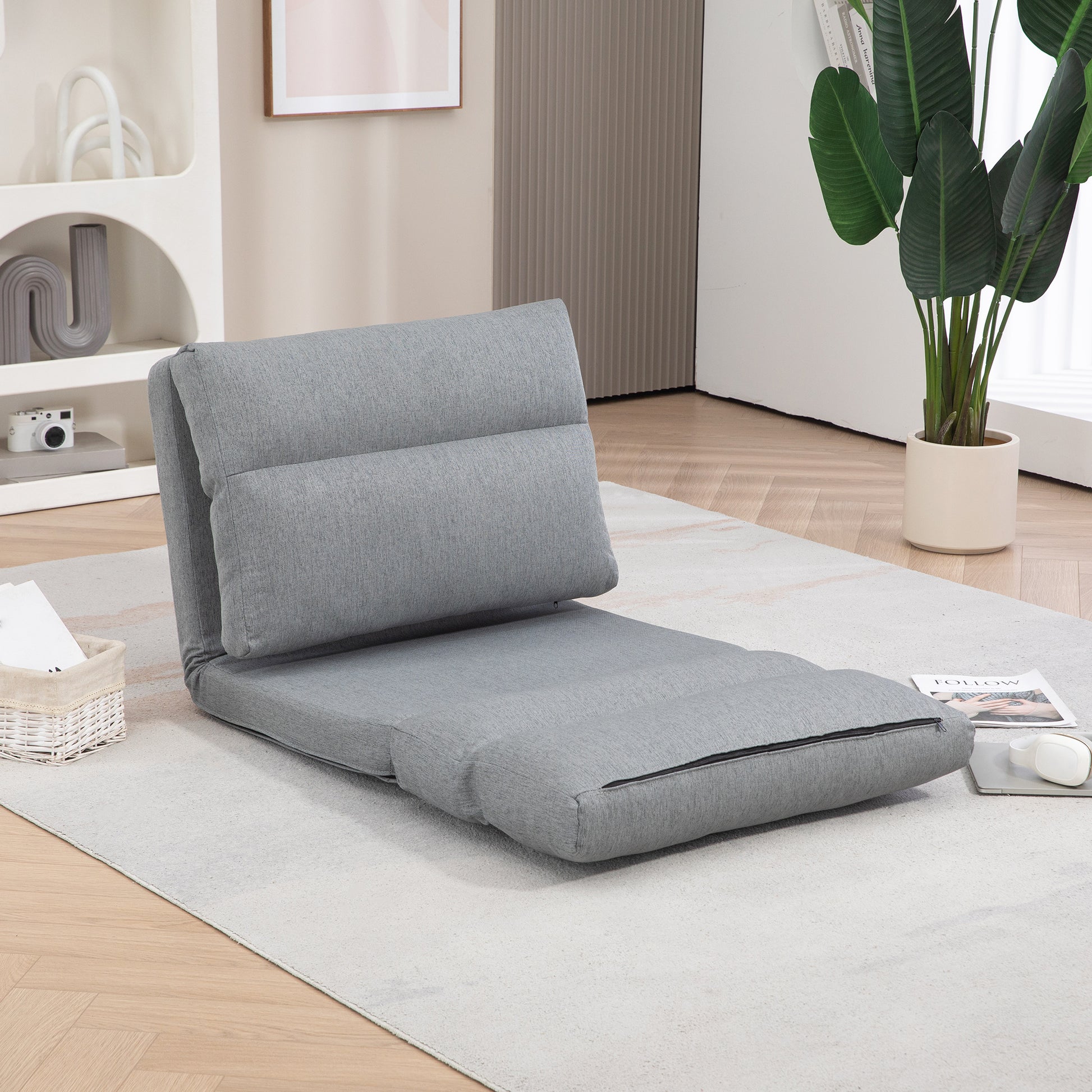 Homcom Folding Floor Chair, Convertible Lazy Sofa Bed, Floor Couch With 6 Position Adjustable Backrest And Pillow For Reading, Gaming, Meditating, Gray Gray Polyester