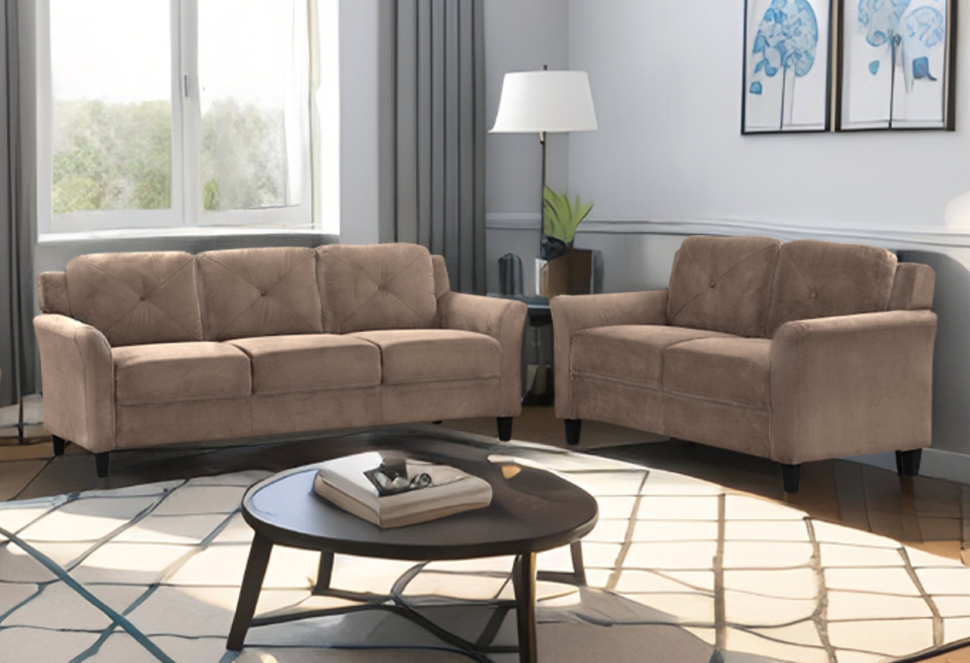 Stylish Flannel Living Room Three Piece Sofa Set, Brown Flannel Antique Brown Velvet Wood Primary Living Space Soft Cushion Back Extra Heavy Duty American Traditional Square Arms Down Filling Velvet 6 Seat