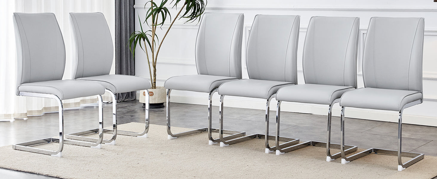 Luxury Simple Arch Chair Set Of 6 Light Gray Pu Material High Resilience Dining Chair With Arched Metal Silver Leg. Light Gray,Silver Metal,Pu