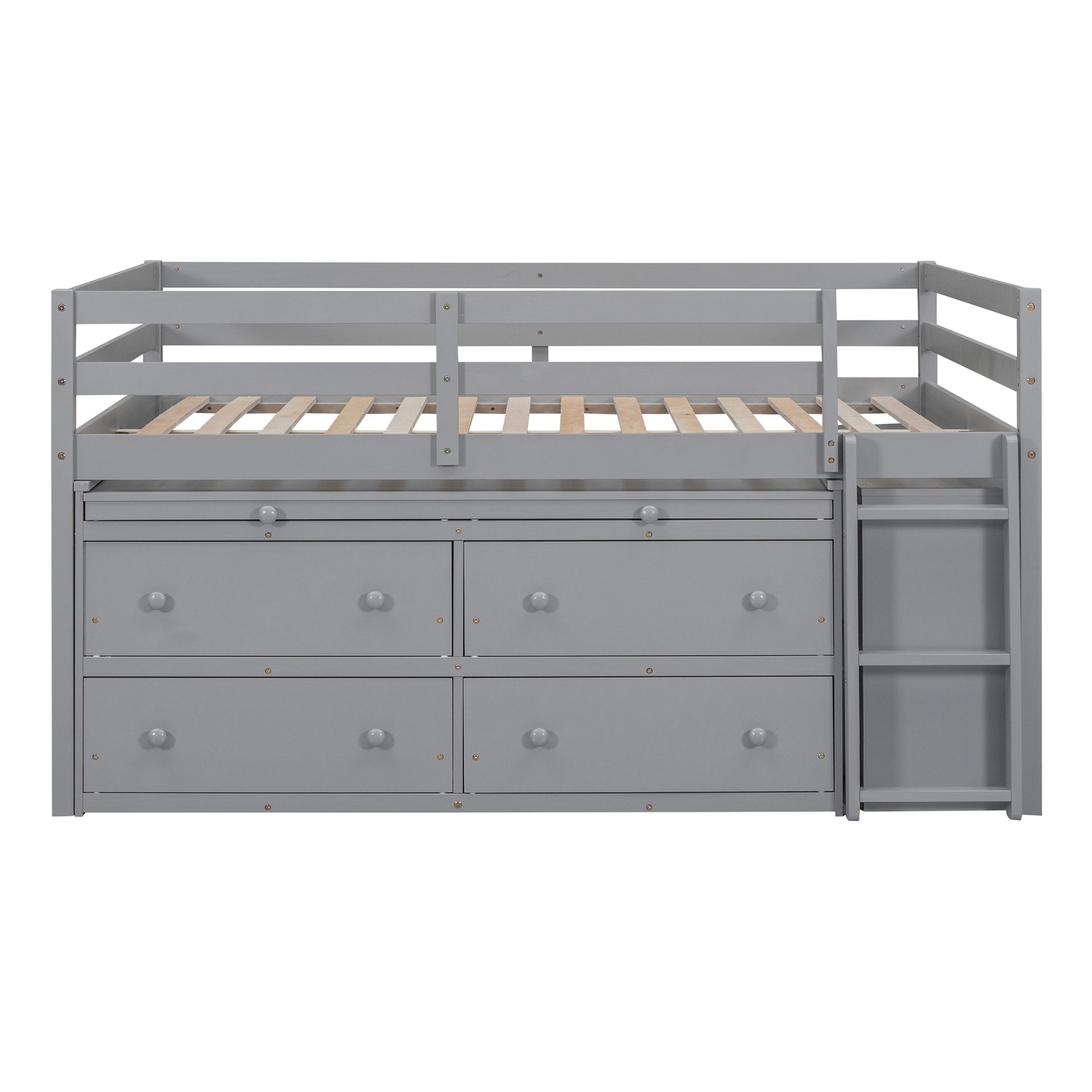 Full Size Loft Bed With Retractable Writing Desk And 4 Drawers, Wooden Loft Bed With Lateral Portable Desk And Shelves, Gray Full Gray Solid Wood Mdf