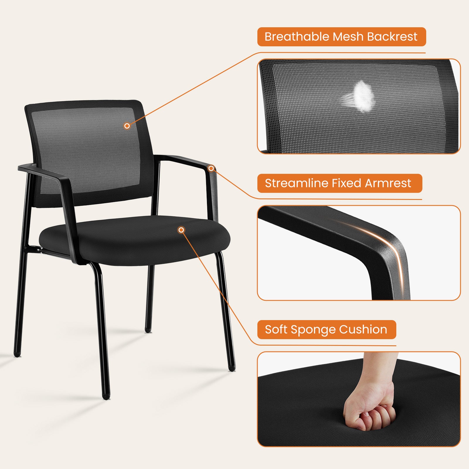 Mesh Back Stacking Arm Chairsupholstered Fabric Stacking Chairs, Sturdy Metal Stacking Chairs,Black, 2 Pack Black Abs