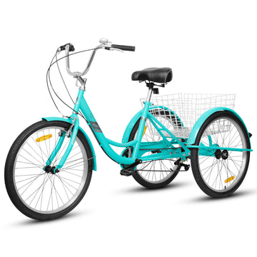 Adult Tricycles 7 Speed, Adult Trikes 24 Inch 3 Wheel Bikes, Three Wheeled Bicycles Cruise Trike With Shopping Basket For Seniors, Women, Men Blue Carbon Steel