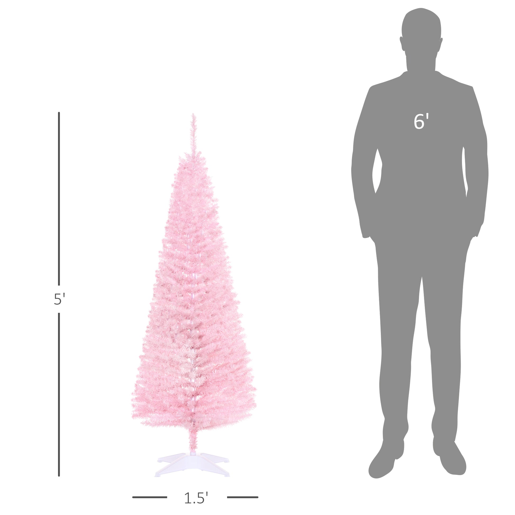 Homcom 5' Artificial Pencil Christmas Tree, Slim Xmas Tree With 294 Realistic Branch Tips And Plastic Stand, Pink Pink Plastic