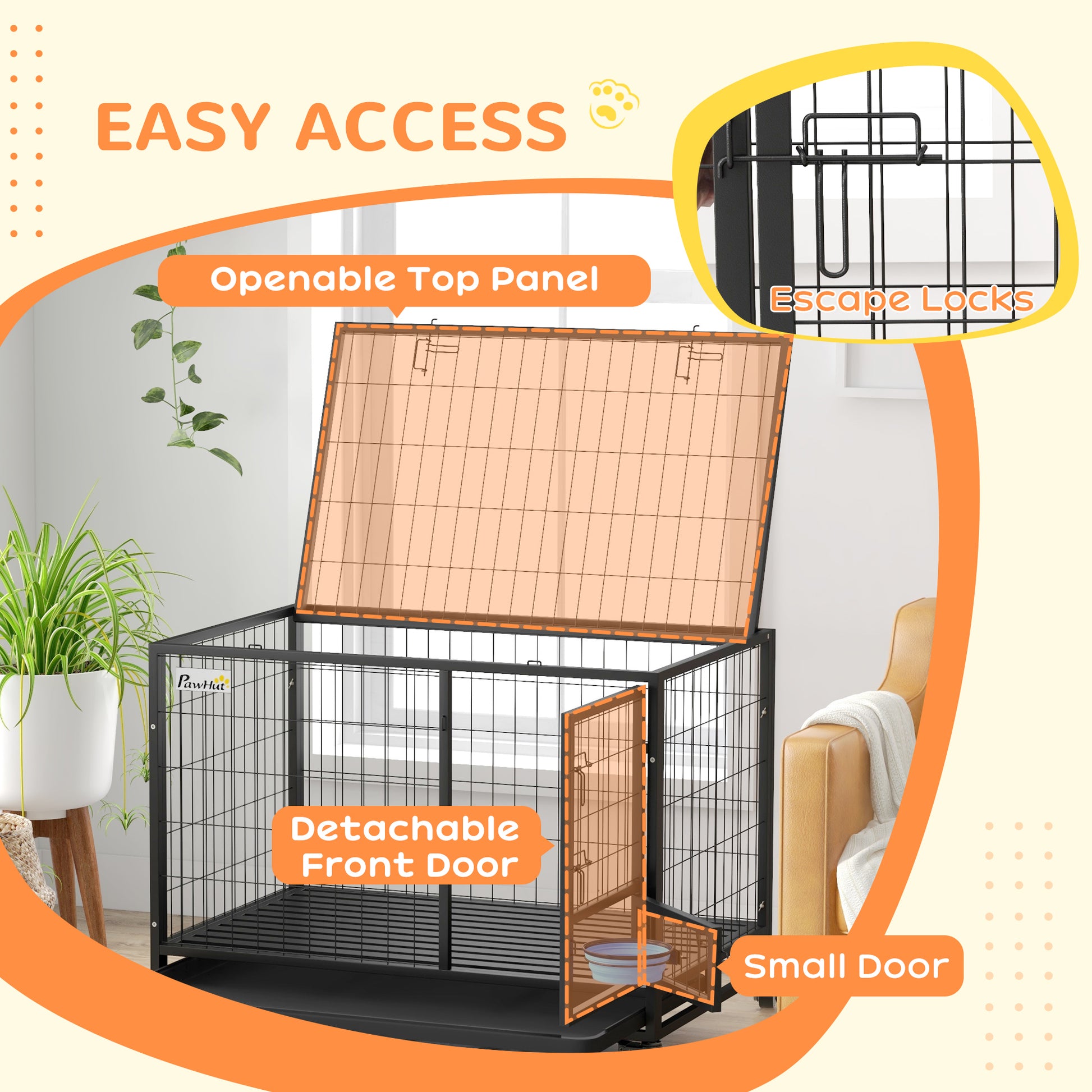 Pawhut 43" Heavy Duty Dog Crate With Bowl Holder, Strong Steel Dog Crate With Wheels, Detachable Door, Openable Top And Removable Tray For Large And Extra Large Dogs, Black Black Steel
