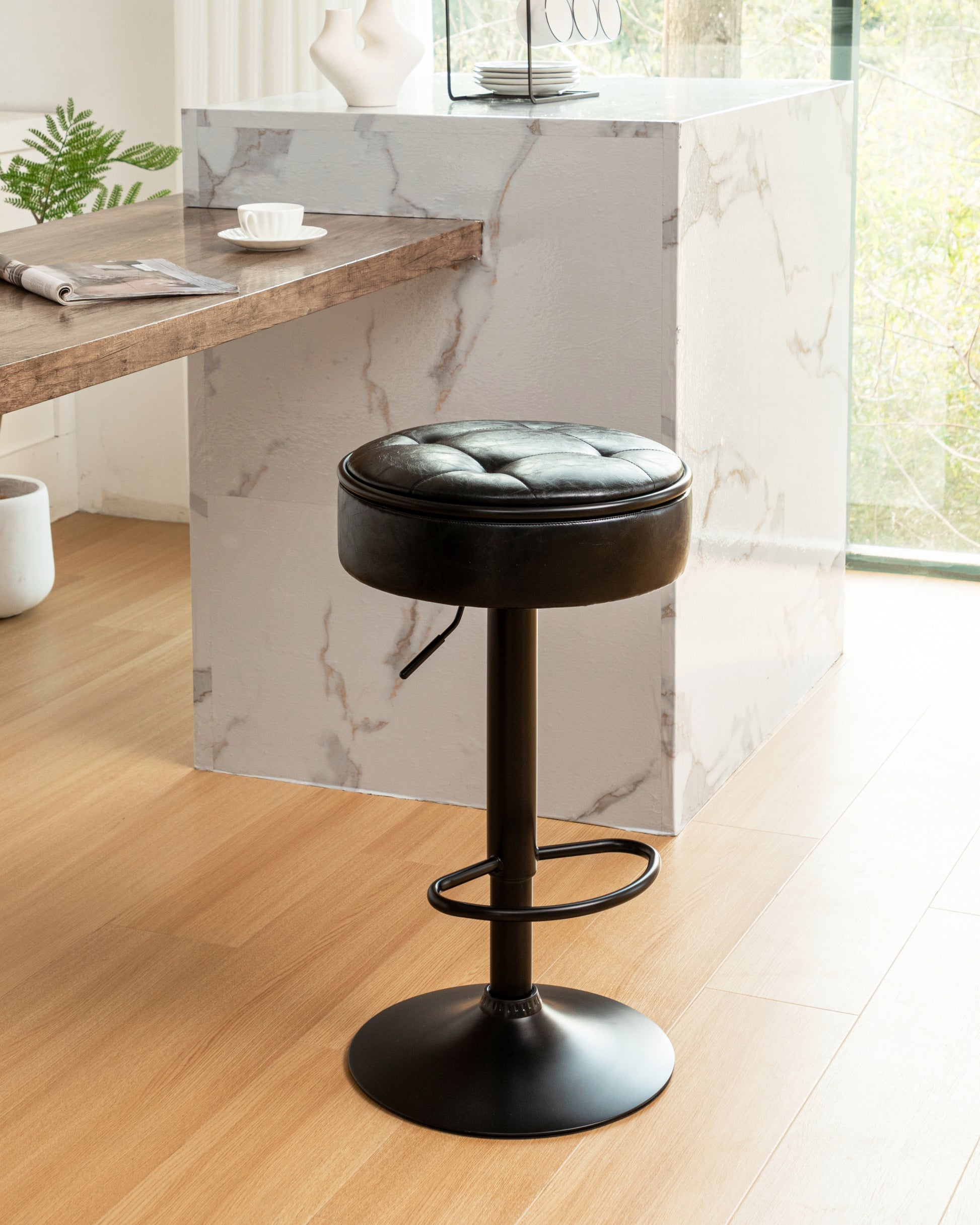 Round Storage Bar Stool Set Of 2, Black Faux Leather Height Adjustable Barstool, 360 Counter Height Swivel Stool, Armless Bar Chair With Metal Frame For Kitchen Counter Dining Living Room Black Set Of 2 Foam Pu Leather