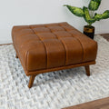 Addison Square Upholstered Ottoman Antique Brown,Brown,Cognac,Rustic Genuine Leather Wood Backless Solid Brown Square Armless Tufted Leather,Solid Wood