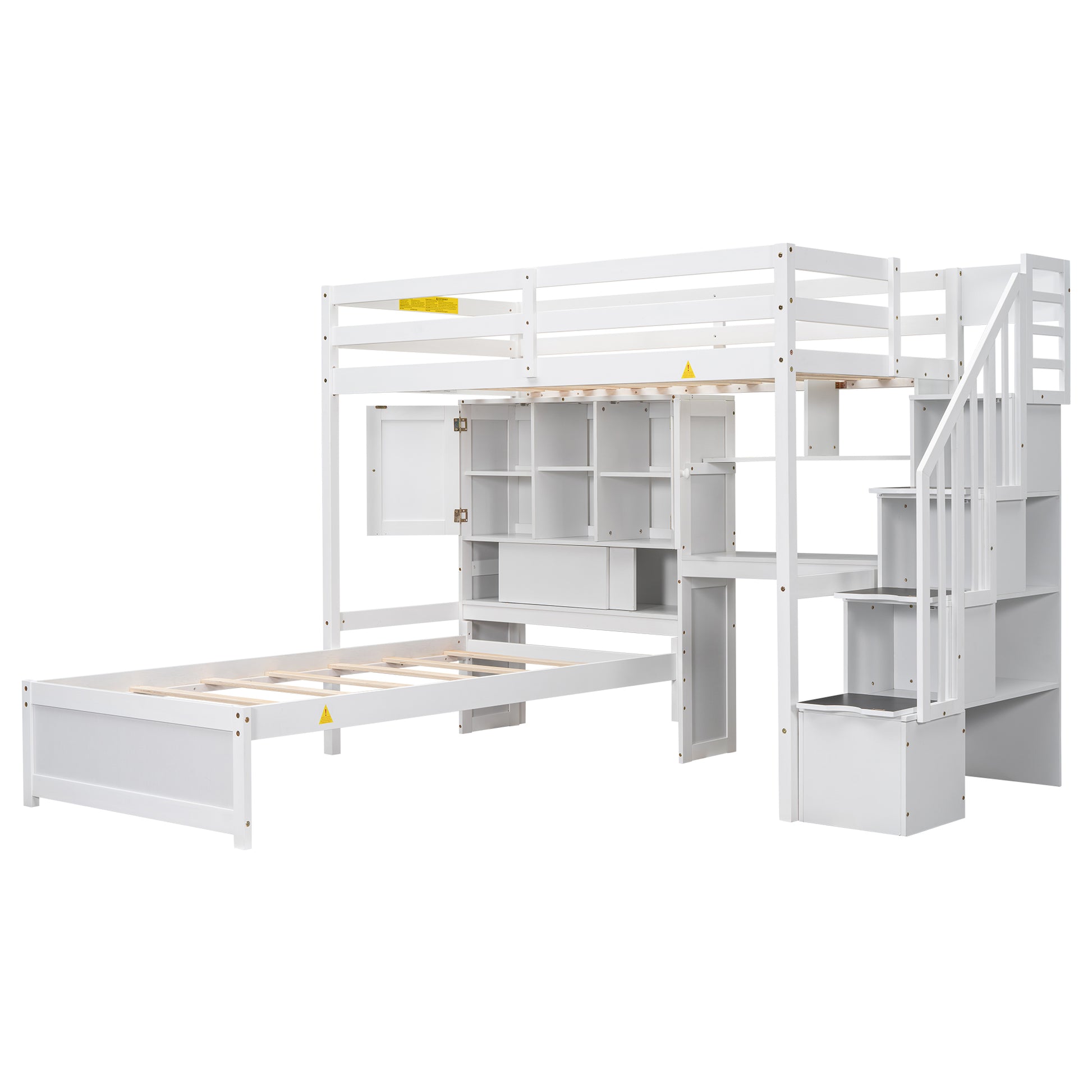 Twin Over Twin Loft Bed With Built In Desk And Staircase, With Storage Compartments And Shelves, White Twin Box Spring Not Required White Wood Pine