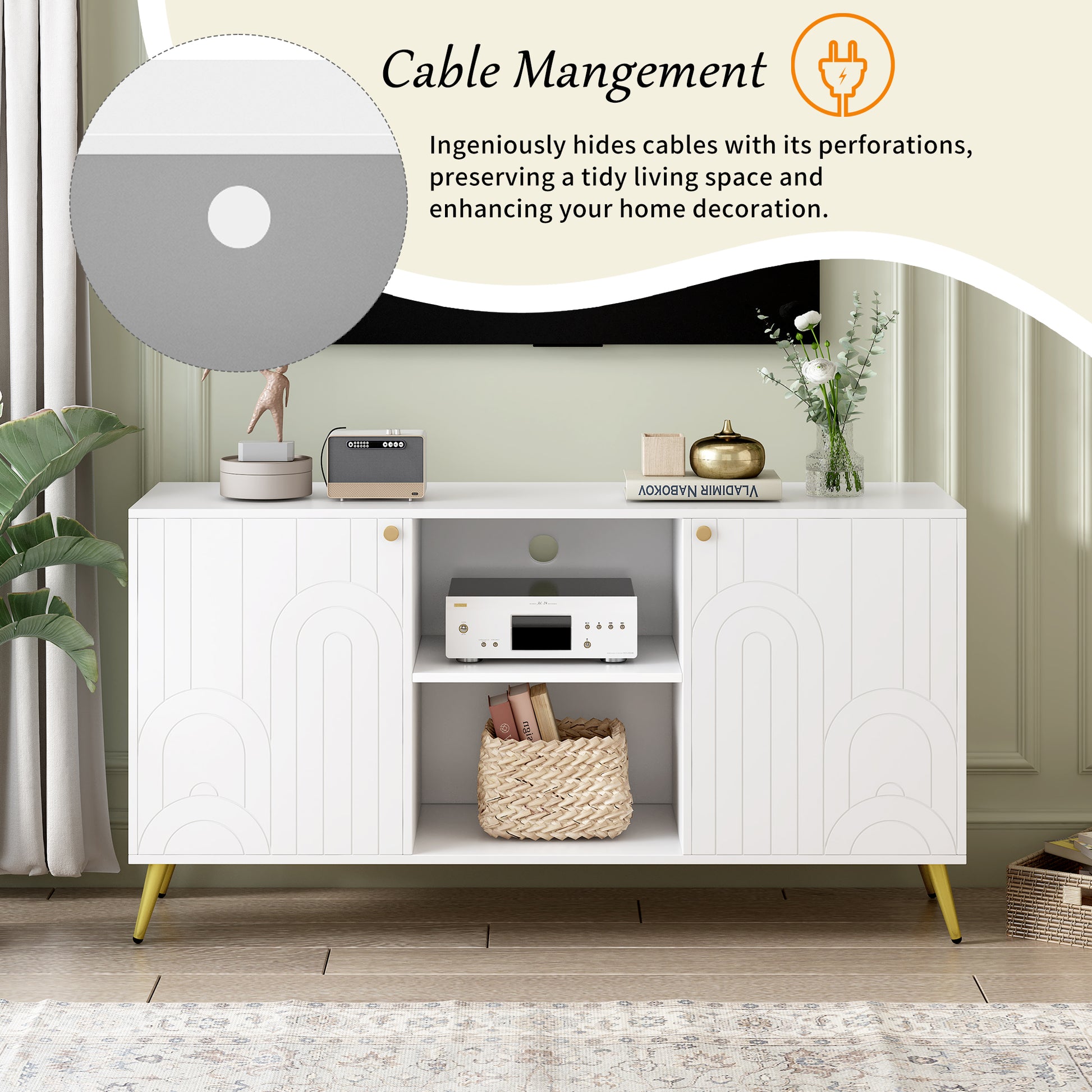 Modern Tv Stand For Tvs Up To 55 Inches, Entertainment Center Media Console,Adjustable Shelf, Metal Legs, Handles And Anti Tip Device For Living Room White 50 59 Inches Mdf