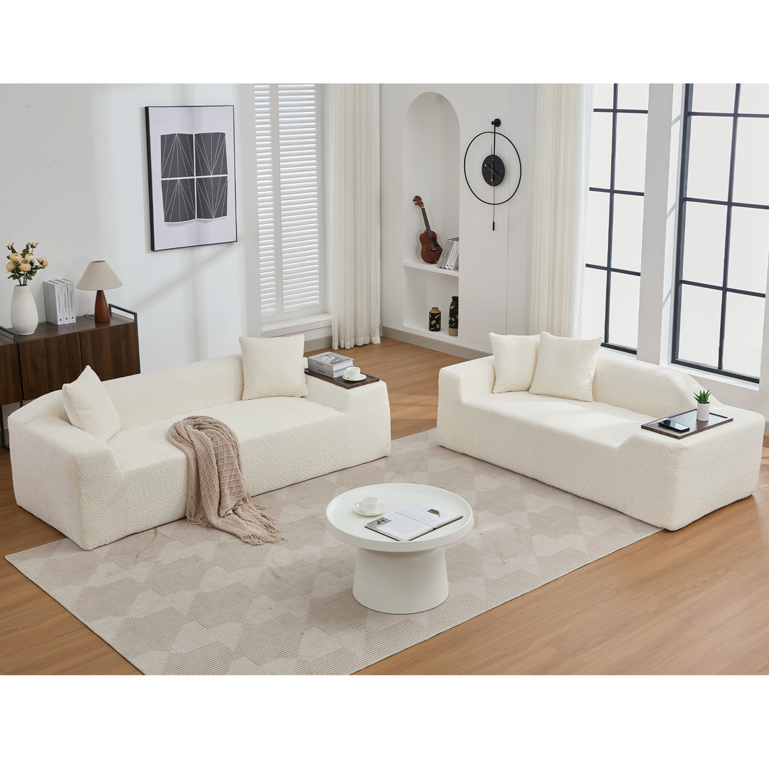 Arrived 2 Piece Boucle Cloud Sofa Set, Upholstered Sofa Set, Modern 3 Seater And 2 Seater Sofa With Mdf End Table For Living Room ,Apartment,3 2 Couch,Boucle,Beige Beige Polyester Primary Living Space Soft Tight Back Modern Square Arms Foam Upholstered 5