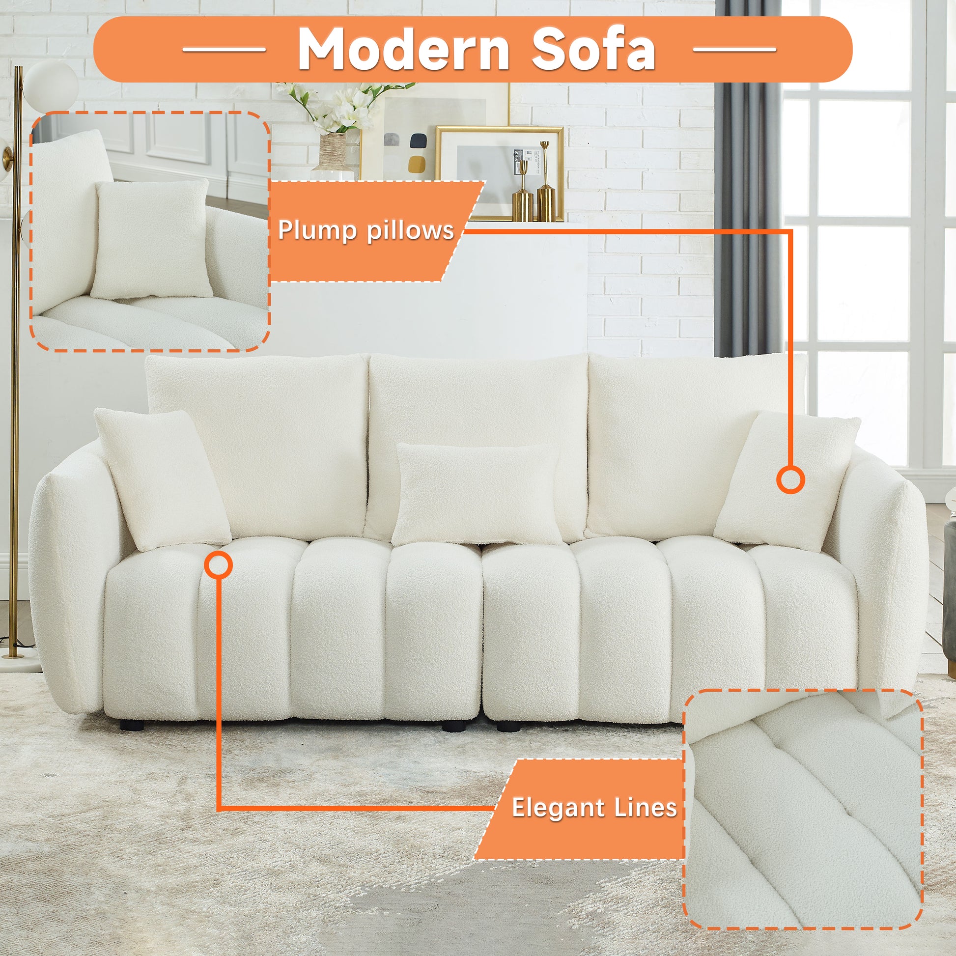 Video Mh 82" Premium Teddy Fabric Sofa With 3 Back Pillows And 3 Back Cushions Solid Wood Frame 3 Seater Sofa, Oversized Upholstered Chair For Living Room, Bedroom, Apartment And Office Beige Wood Primary Living Space Foam Wood 3 Seat