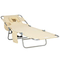 Outsunny Folding Beach Lounge Chair With Face Hole And Arm Slots, 5 Level Adjustable Sun Lounger Tanning Chair With Pillow For Patio, Garden, Beach, Pool, Beige Beige Oxford Fabric