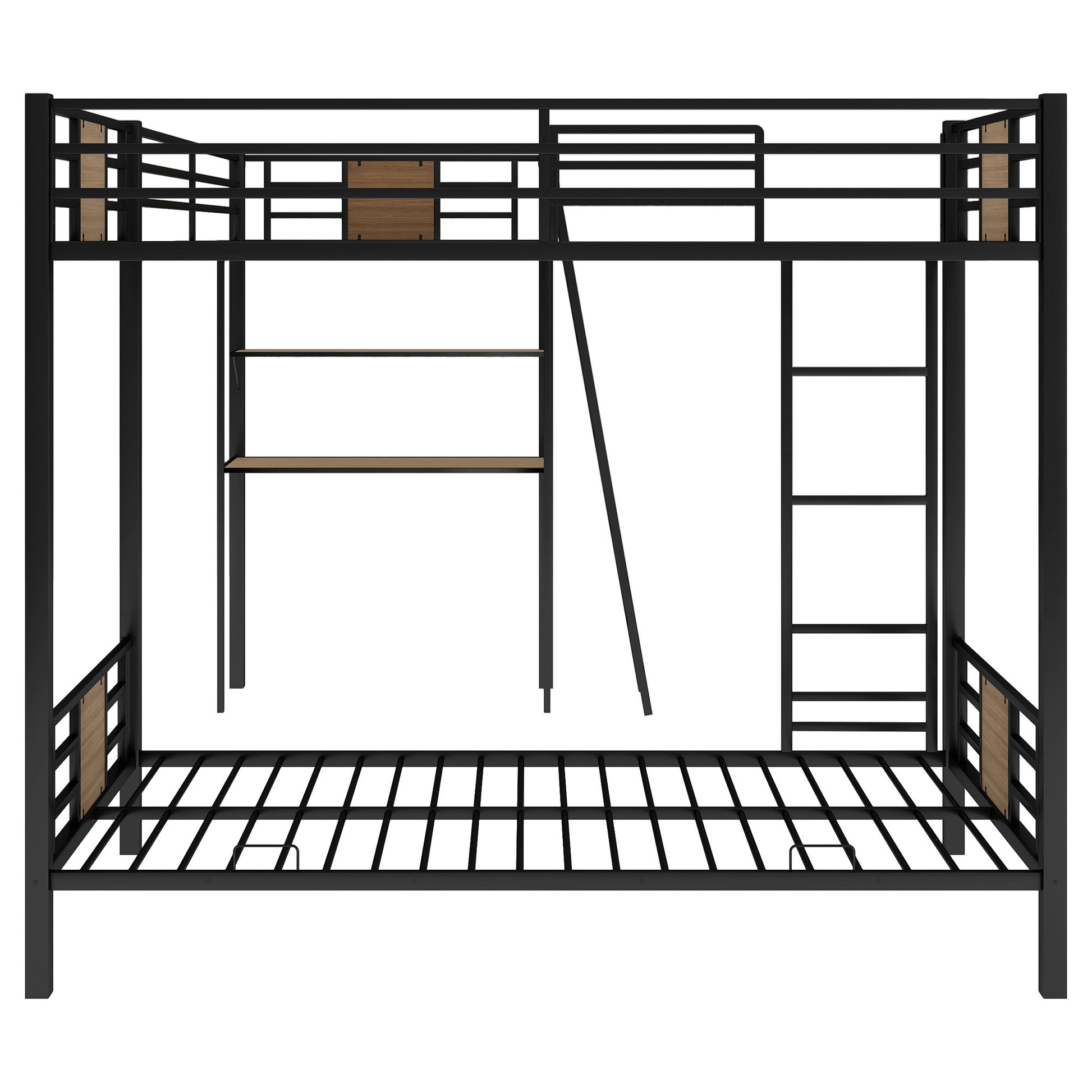 L Shaped Twin Over Twin Bunk Bed With Twin Size Loft Bed With Desk And Shelf ,Brown Brown Steel