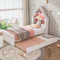 Twin Size House Shaped Bed With Bookcase Headboard And Led Light And Twin Size Trundle For Kids Boys Girls, Pink White Box Spring Not Required Twin White Pink Wood Bedroom Cute Bed Frame Wood